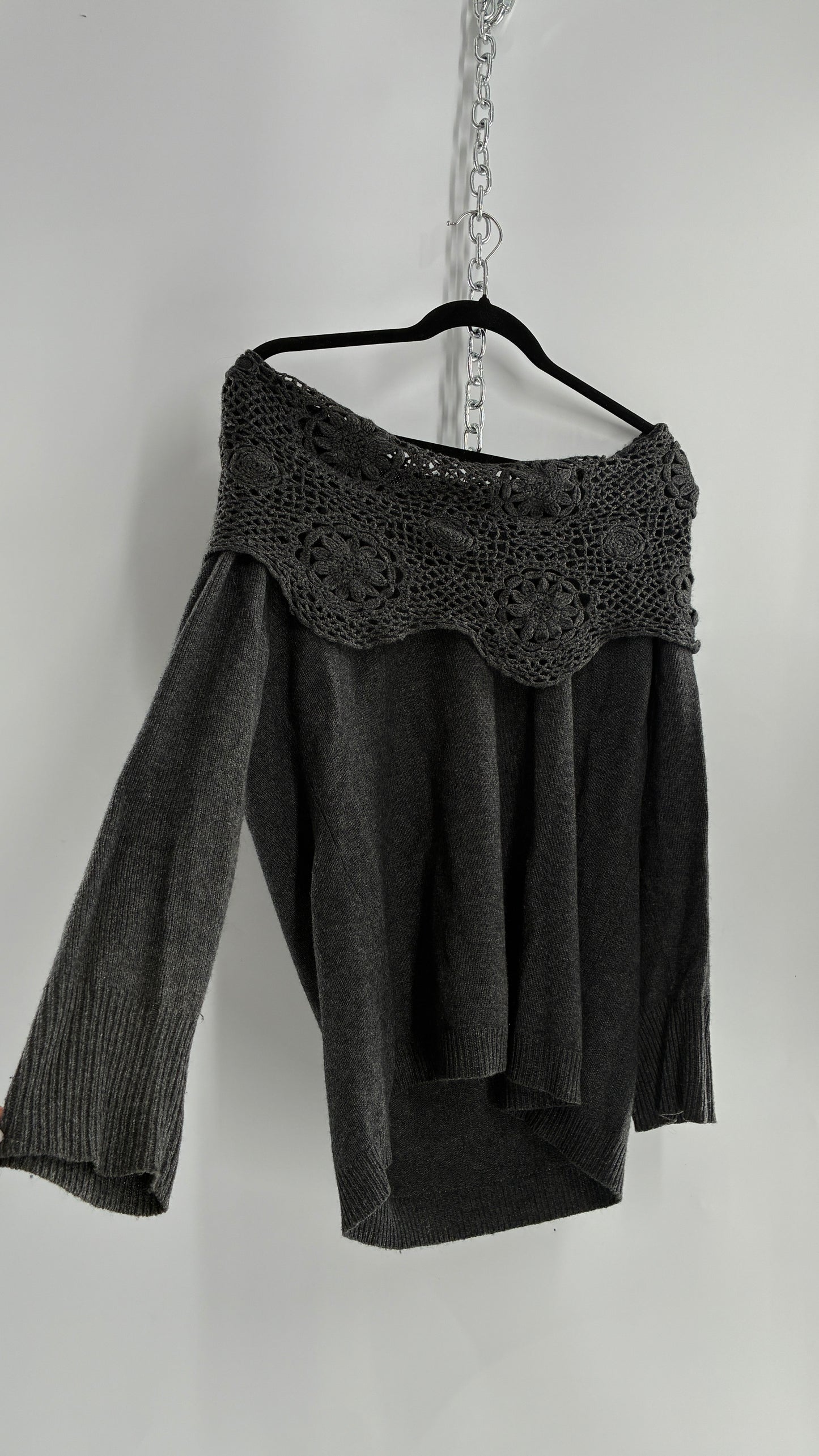 Vintage ELENA MIRO 29% Virgin Wool 8% Angora Wool 8% Cashmere Grey Off the Shoulder Crochet Band Sweater (Medium)