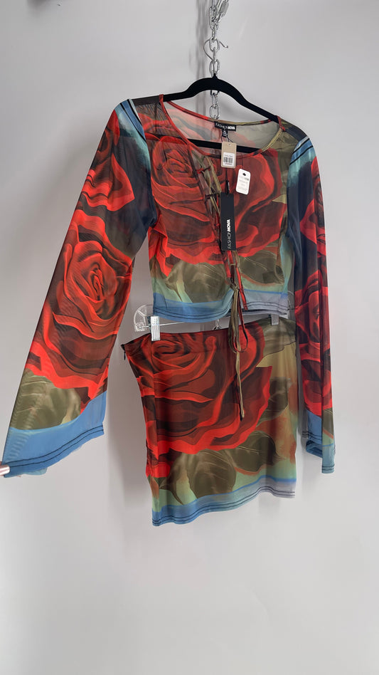 FASHION NOVA Rose Graphic Mini Skirt Tie Bust Bell Sleeve Crop Set with Tags Attached (XL)