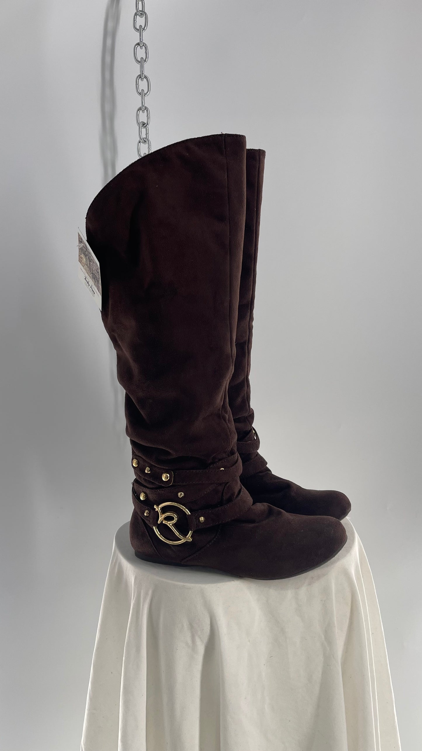 Vintage ROCAWEAR 2000s Brown Strappy, Studded, Slouchy Boots with Gold Logo Hardware (7)