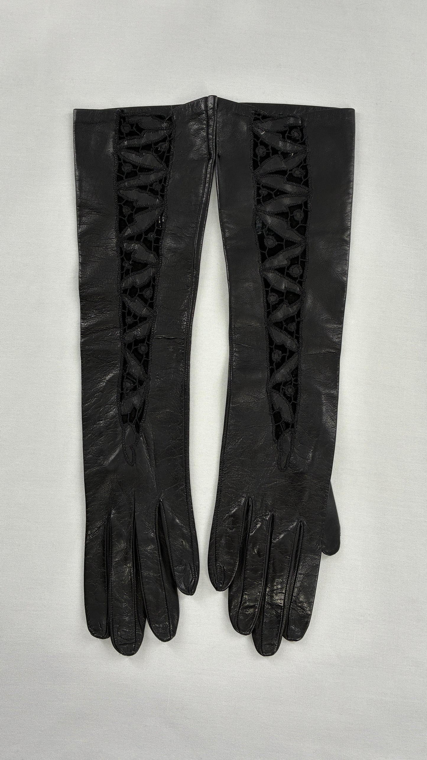 Deadstock Vintage Black Soft Leather Gloves with Lace Detail