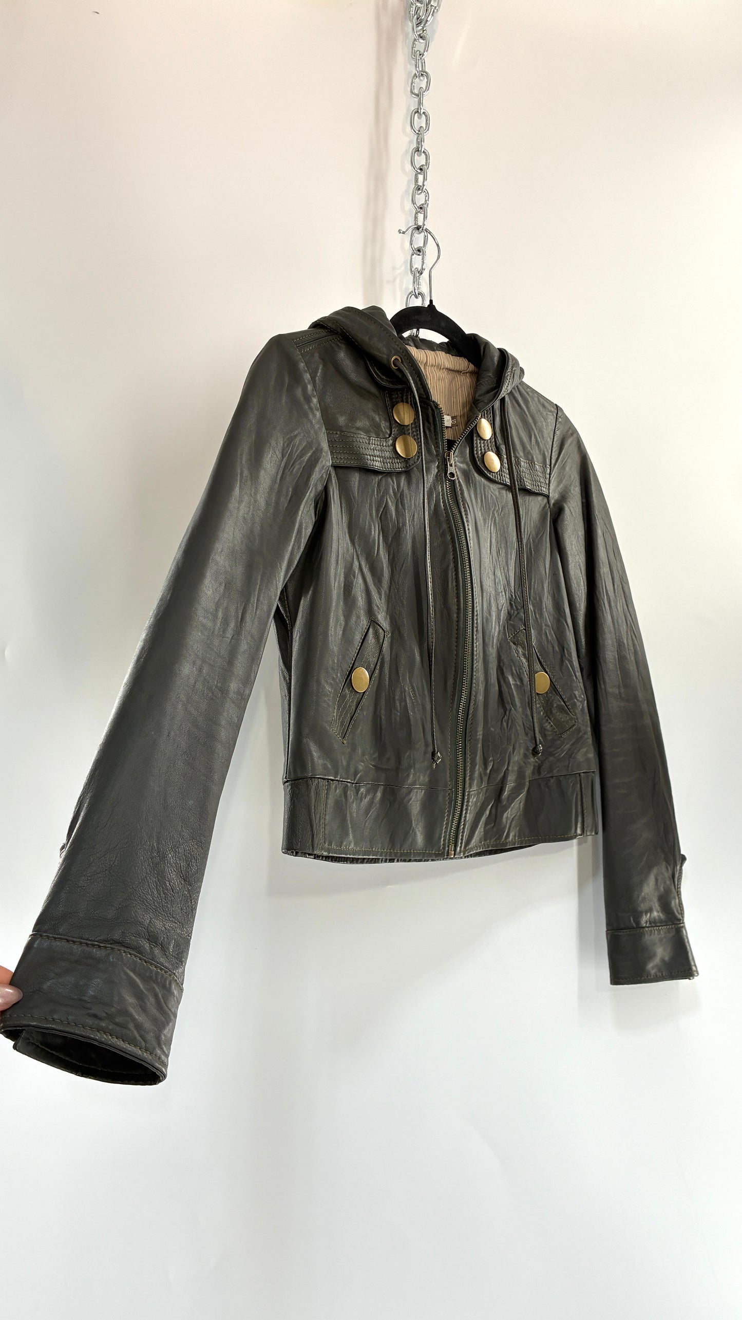 Vintage MIKE & CHRIS Grey Genuine Leather Hoodie Style Zip Front Jacket with Oversized Bronze Buttons and Contrast Stitching (XS)