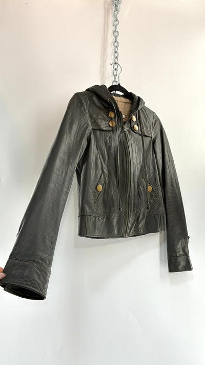 Vintage MIKE & CHRIS Grey Genuine Leather Hoodie Style Zip Front Jacket with Oversized Bronze Buttons and Contrast Stitching (XS)
