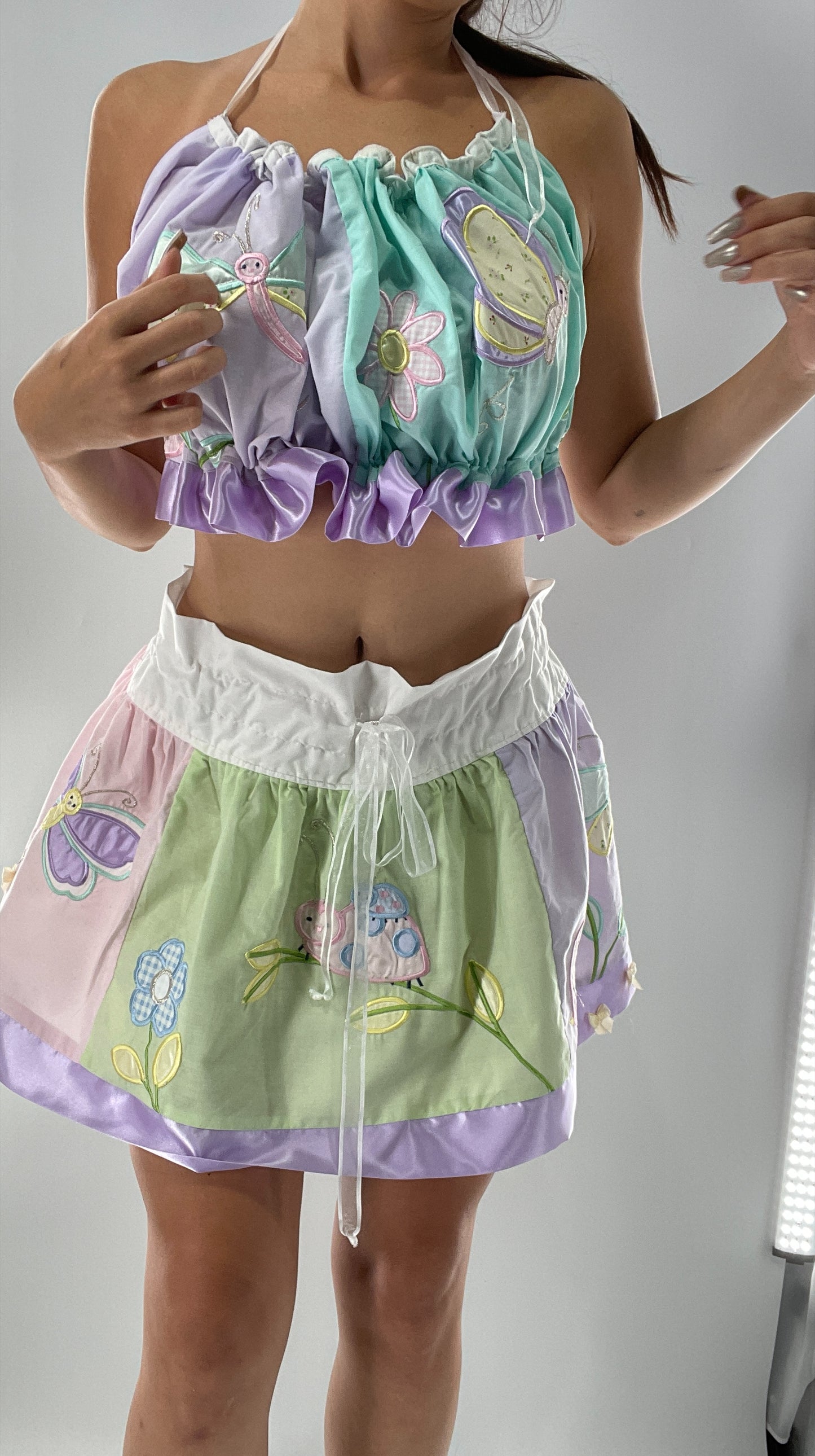 Vintage Custom 2piece Garden Gal Set Covered in Patchwork Butterflies, Dragonflies, Flowers, Snails and Pastels (One Size Fits Most)