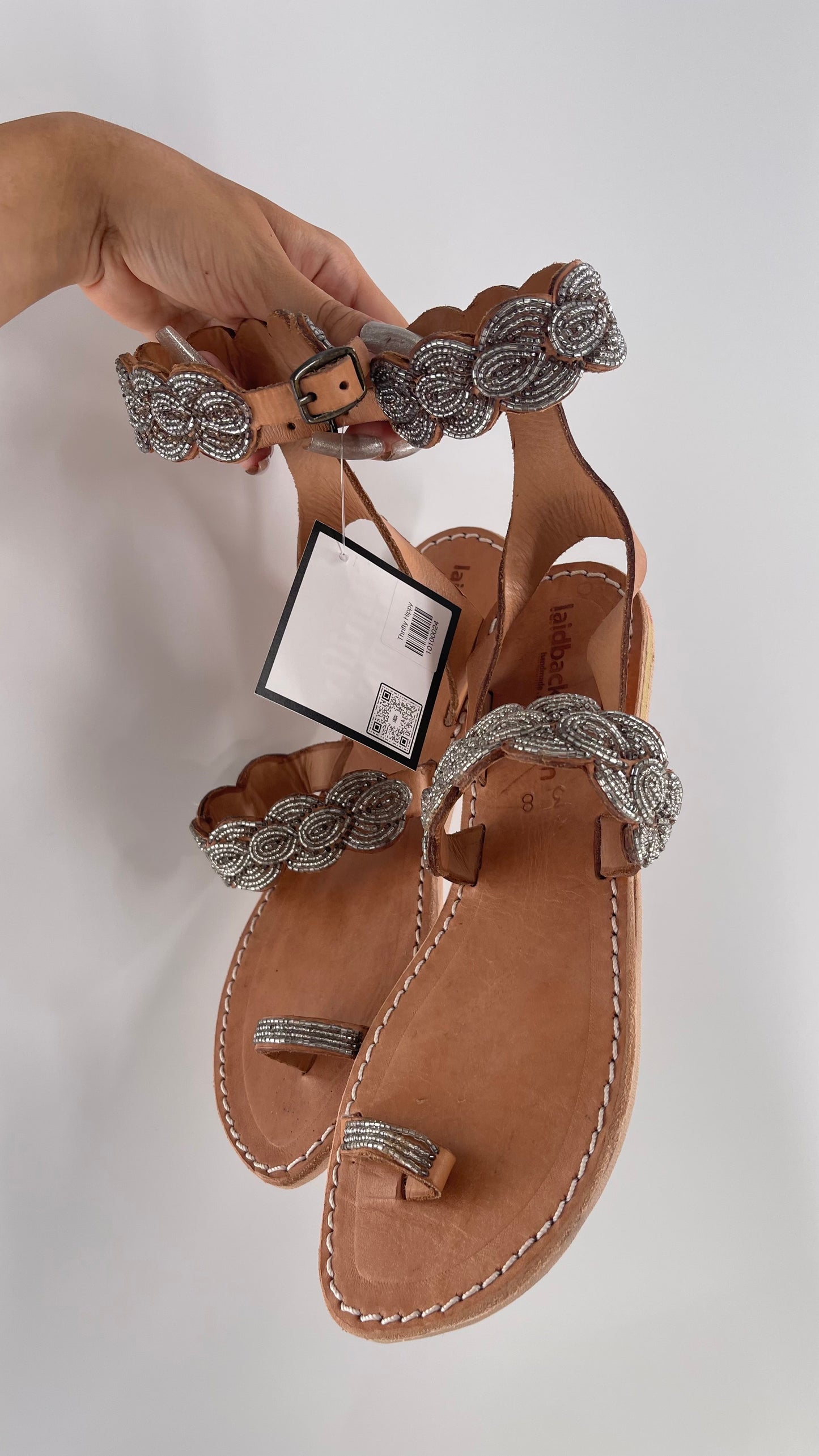 Free People Laidback London Handmade Sandals with Tan Leather Straps Covered in Silver Beaded Details (38)