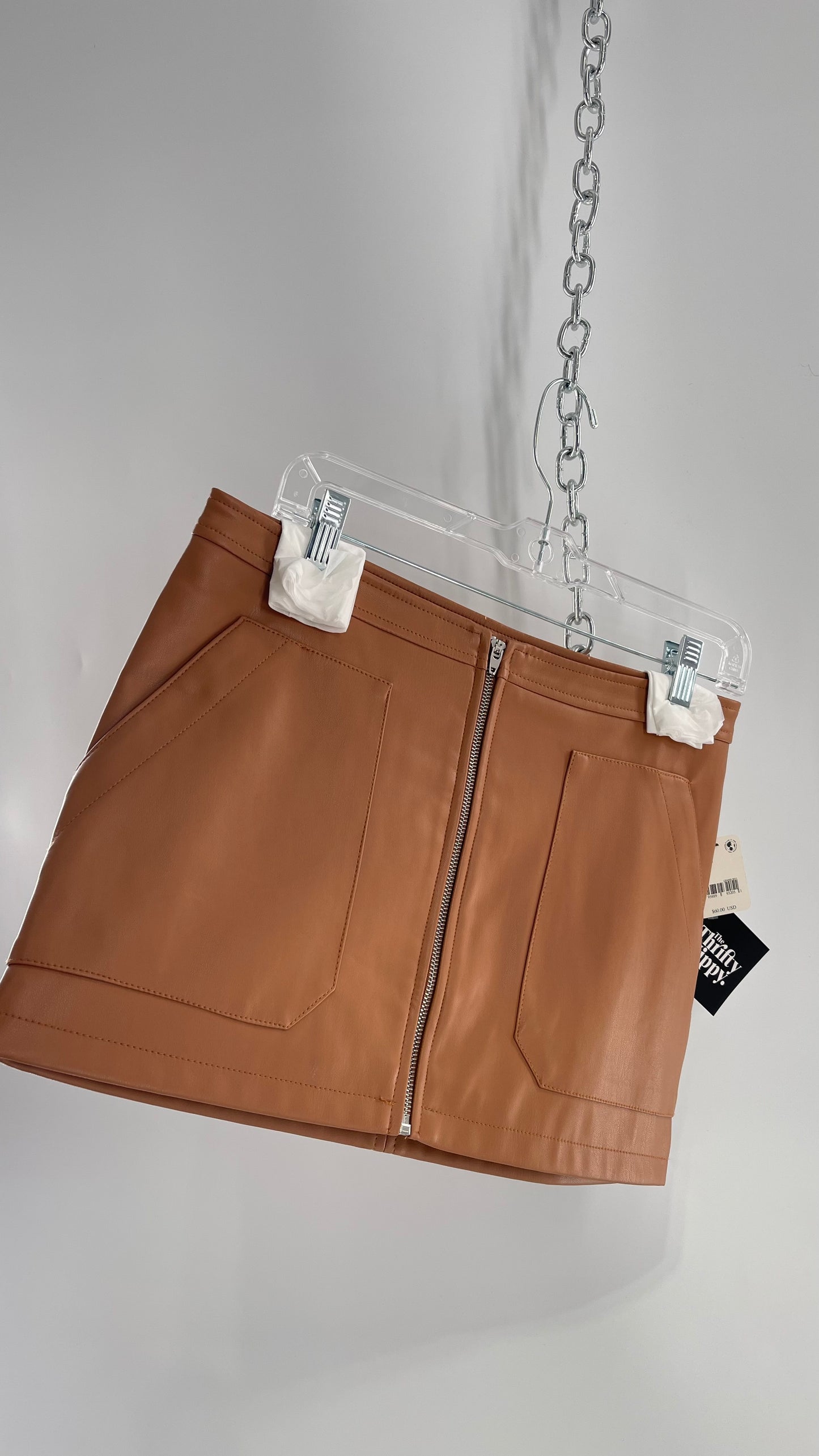 Free People Cognac Brown Vegan Leather Zip Front Skirt with Tags Attached (6)