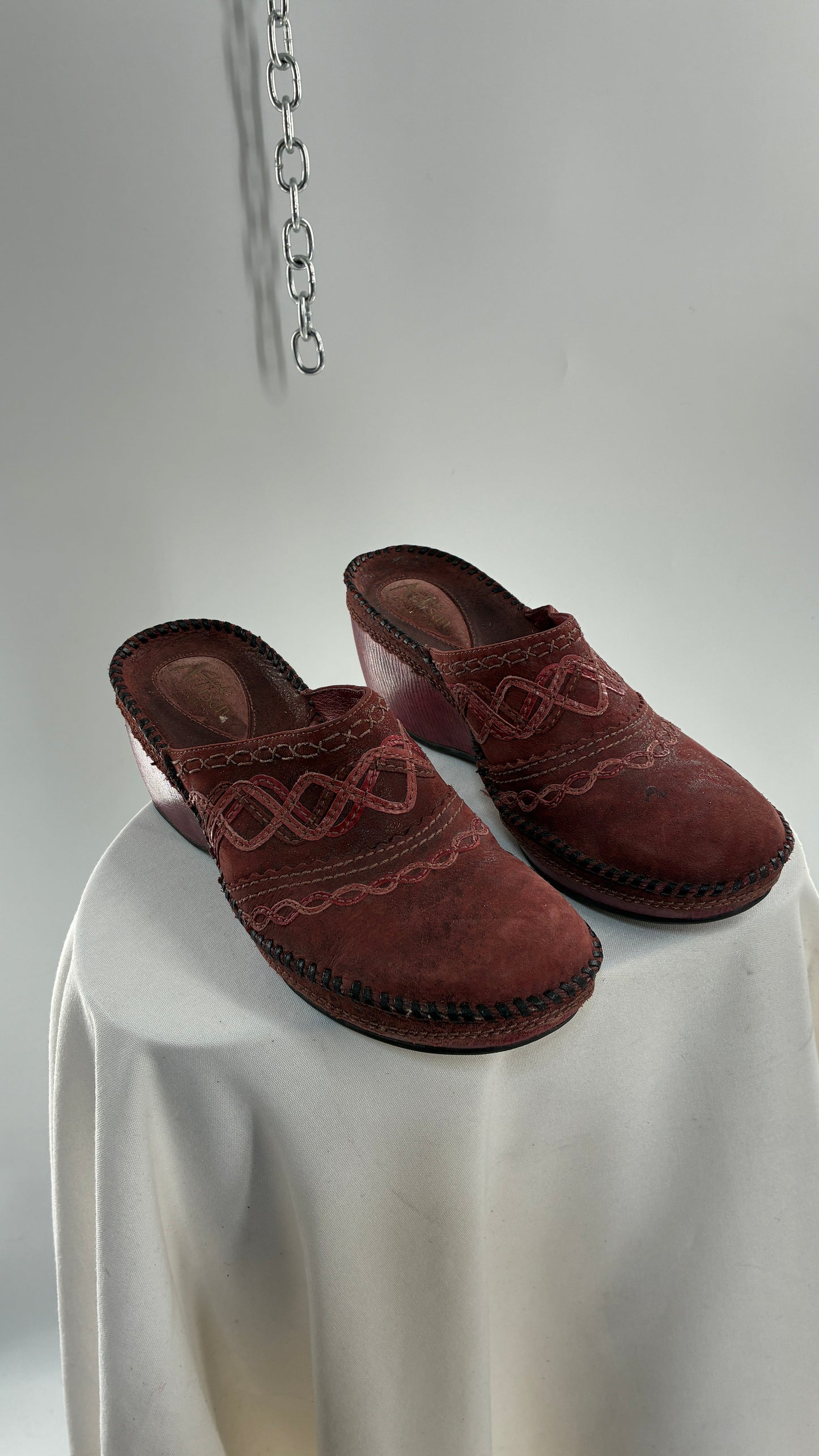 ARTISAN Clark’s Maroon Red Leather Clogs (8)