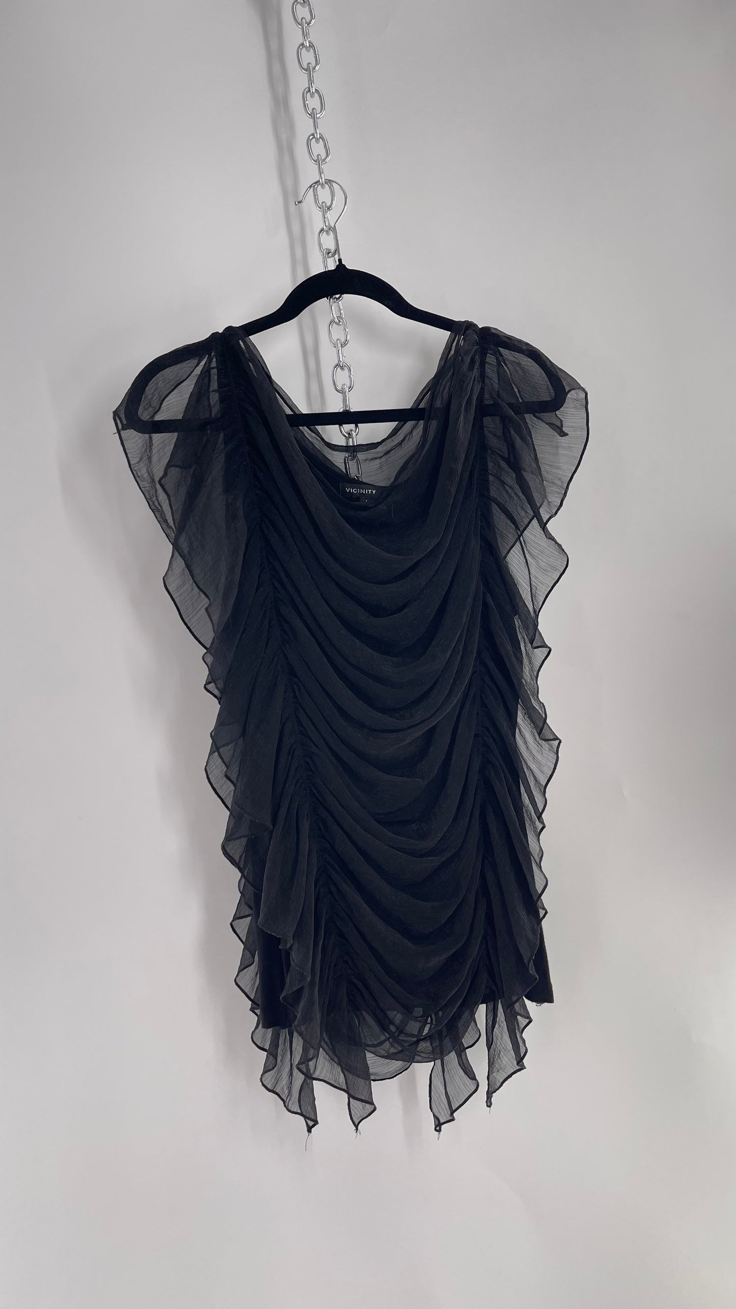 Vintage Vicinity Black Ruched Body and Ruffled Sides Blouse (Large)