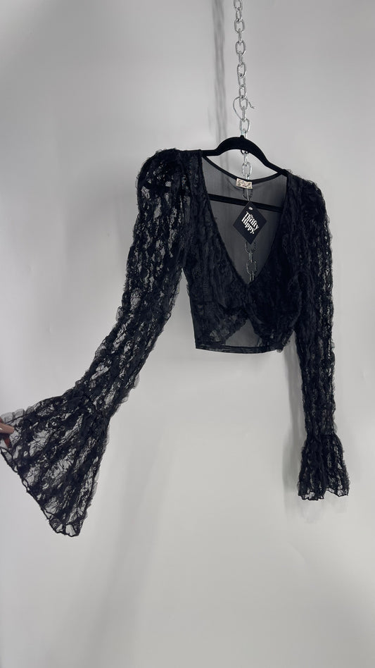 Intimately Free People Black Rosette Mesh Cropped Long Sleeve (XS)