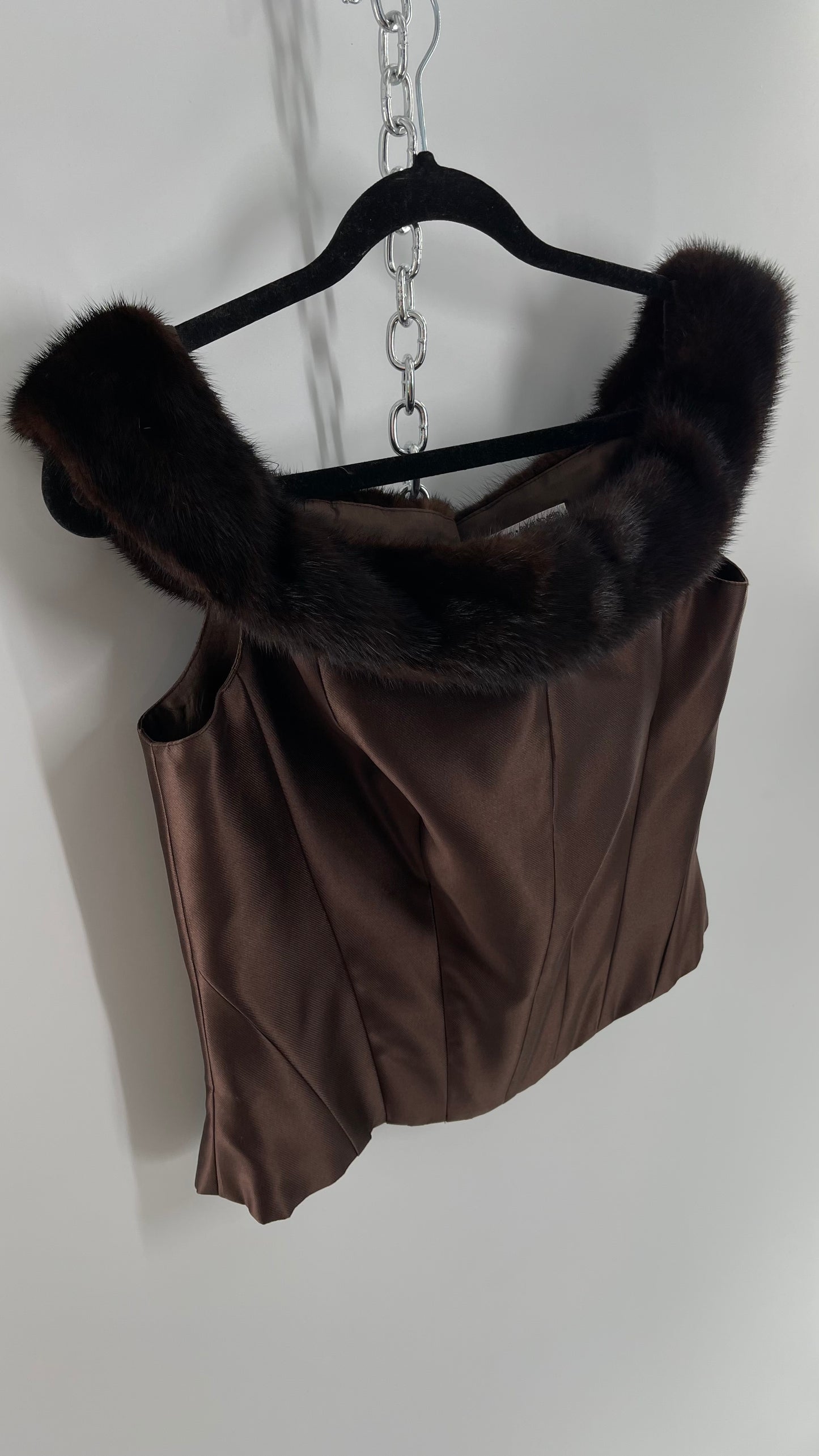 Vintage Sherrie Bloom • Peter Noviella• CHETTA B 100% Silk Brown Corset with Fur Trim Off the Shoulder Collar (14)