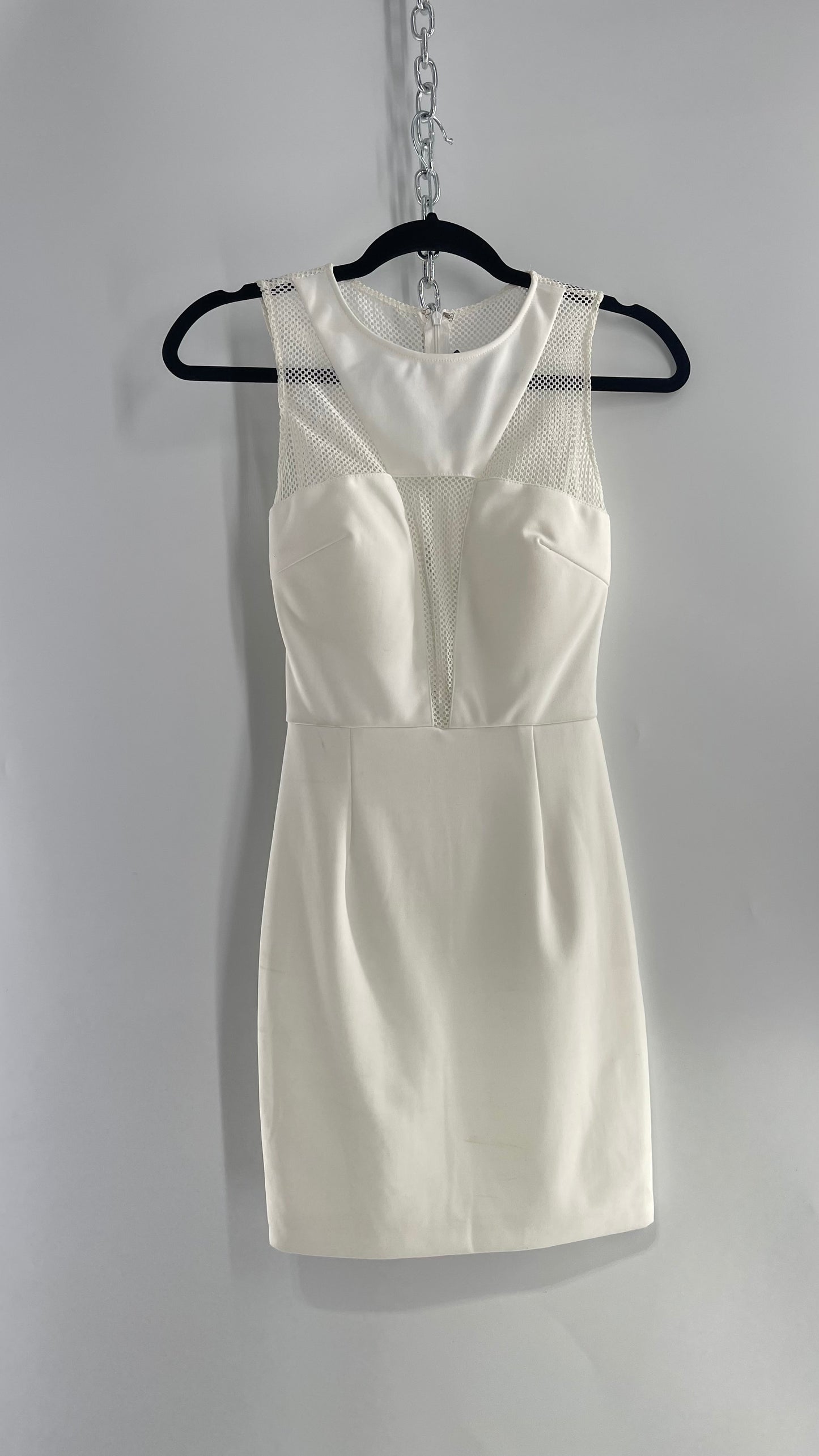 Rare London White Mesh Bodycon Mini Dress with Sheer Back and Padded Bust (XS)