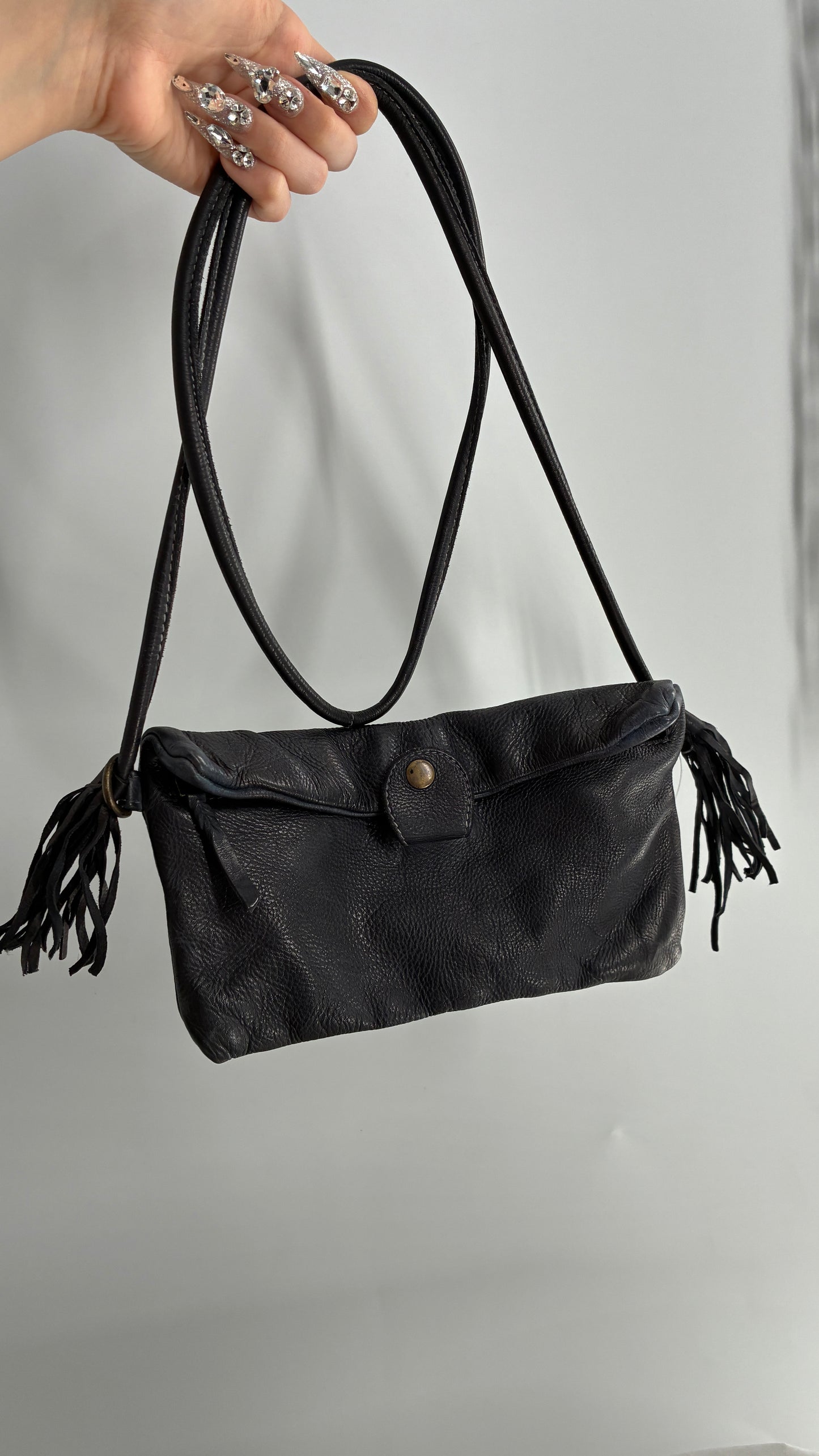 Free People Black Leather Cross Body Fringe Tassel Pouch Pocket Purse