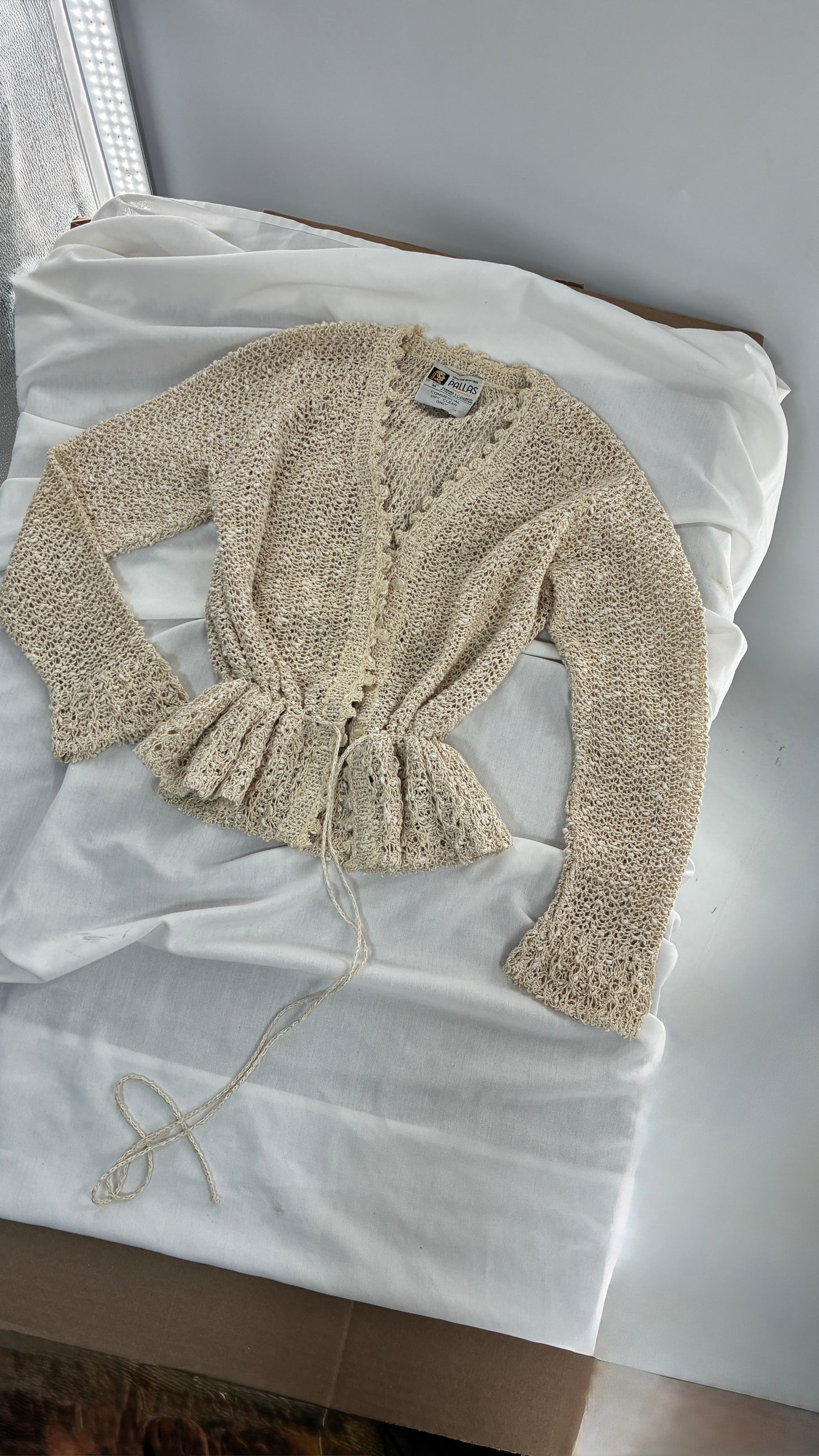 Vintage 1970s PALLAS 100% Pure Irish Linen Hand Loomed Cinched Cardigan (Medium)
