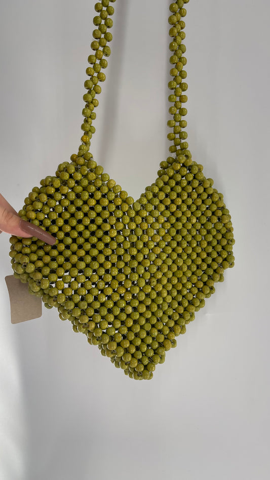 Green Wooden Beaded Heart Shaped Purse