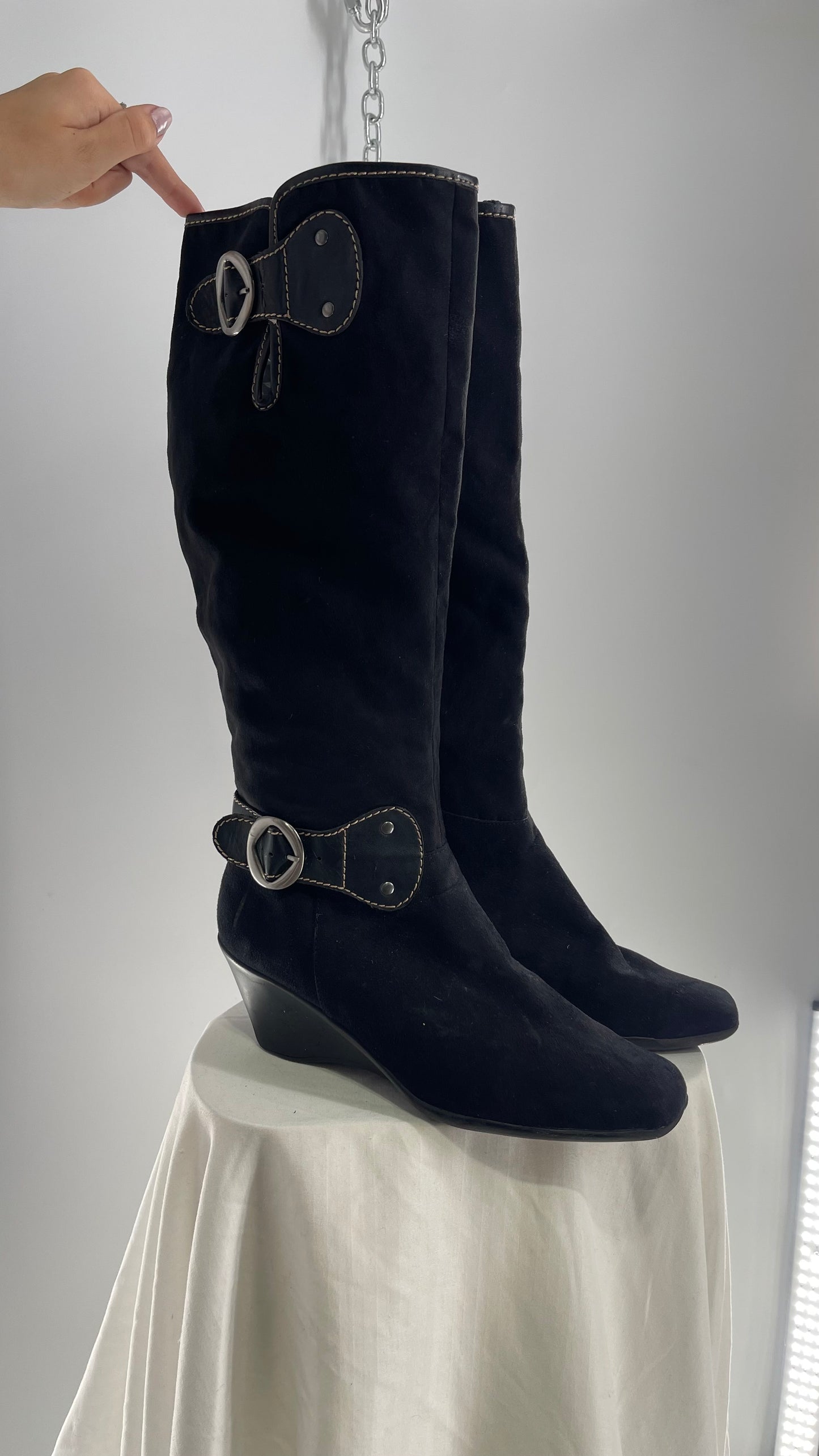 Vintage BASS Black Suede Wedge Heel Knee High Boot with Buckle Details (10)