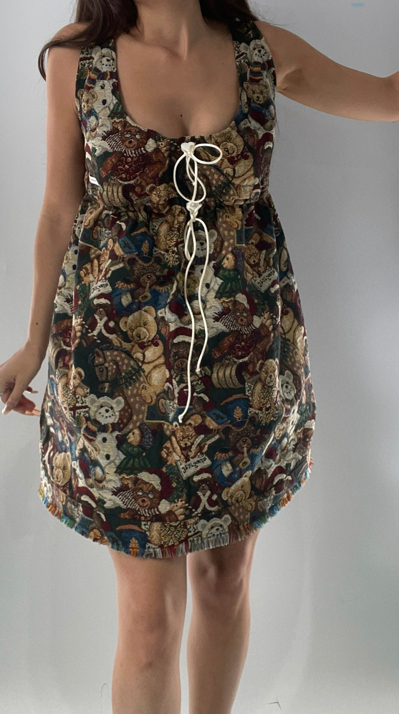 Christmas Custom Teddy Bear Tapestry Babydoll Dress with Bow Back Detail and Adjustable Neckline/Underbust (XS-L)