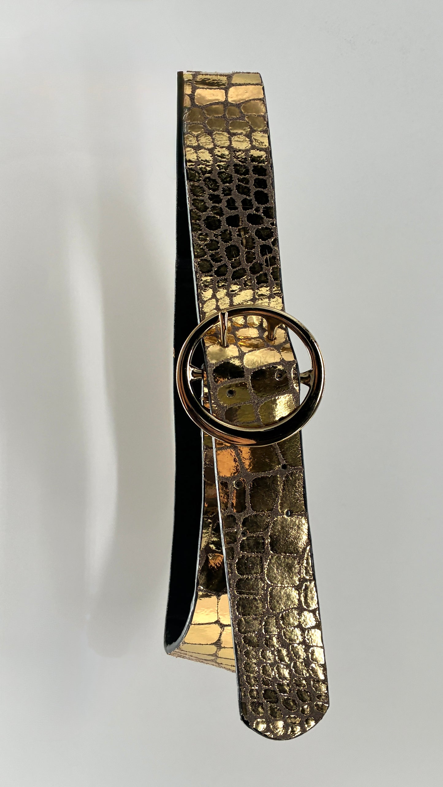 Vintage Free People Metallic Gold Leather Embossed Round Buckle Belt (S/M)