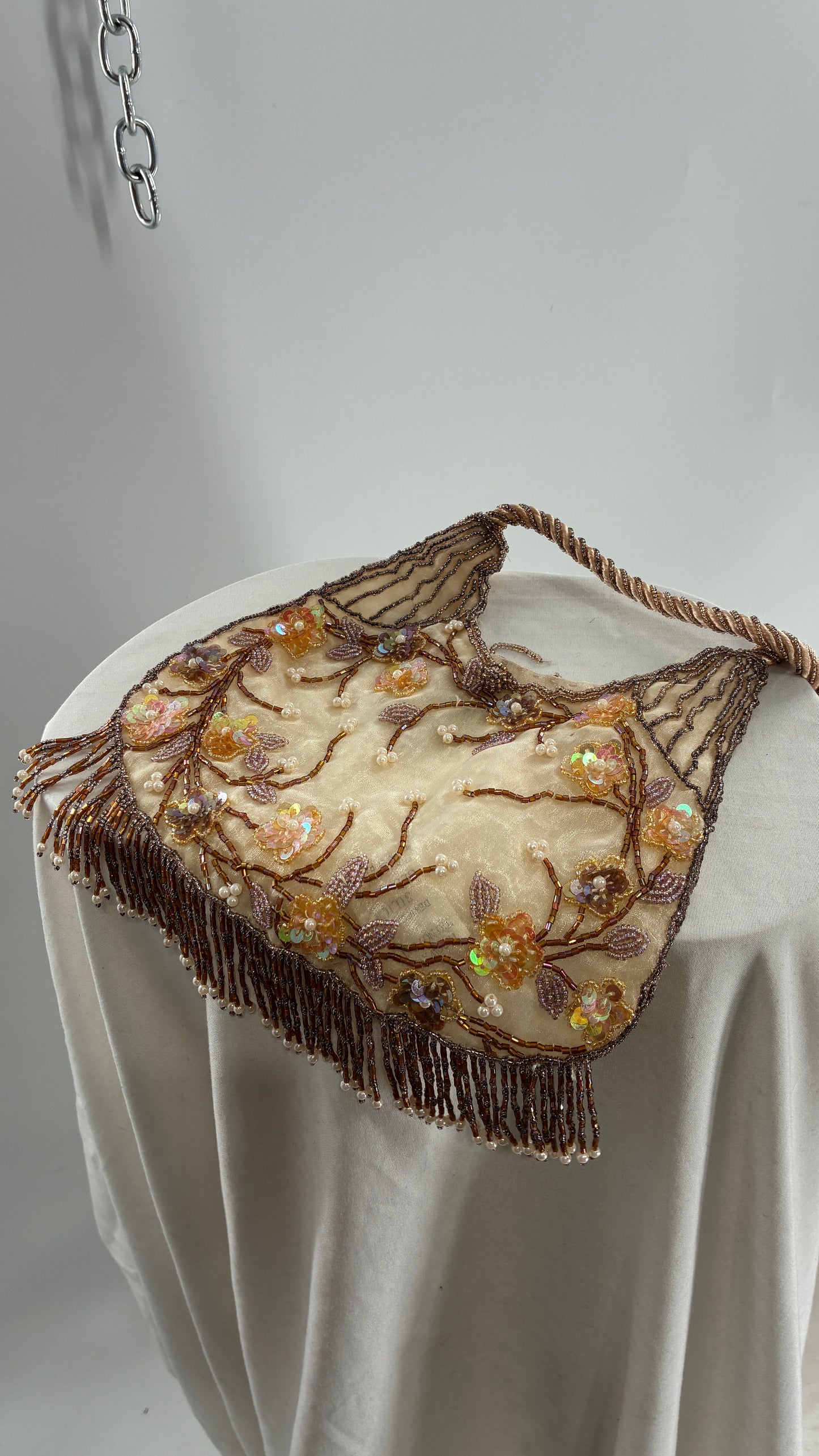 Vintage Deadstock Beige Beaded Fringe Purse with Embroidered Beaded Florals