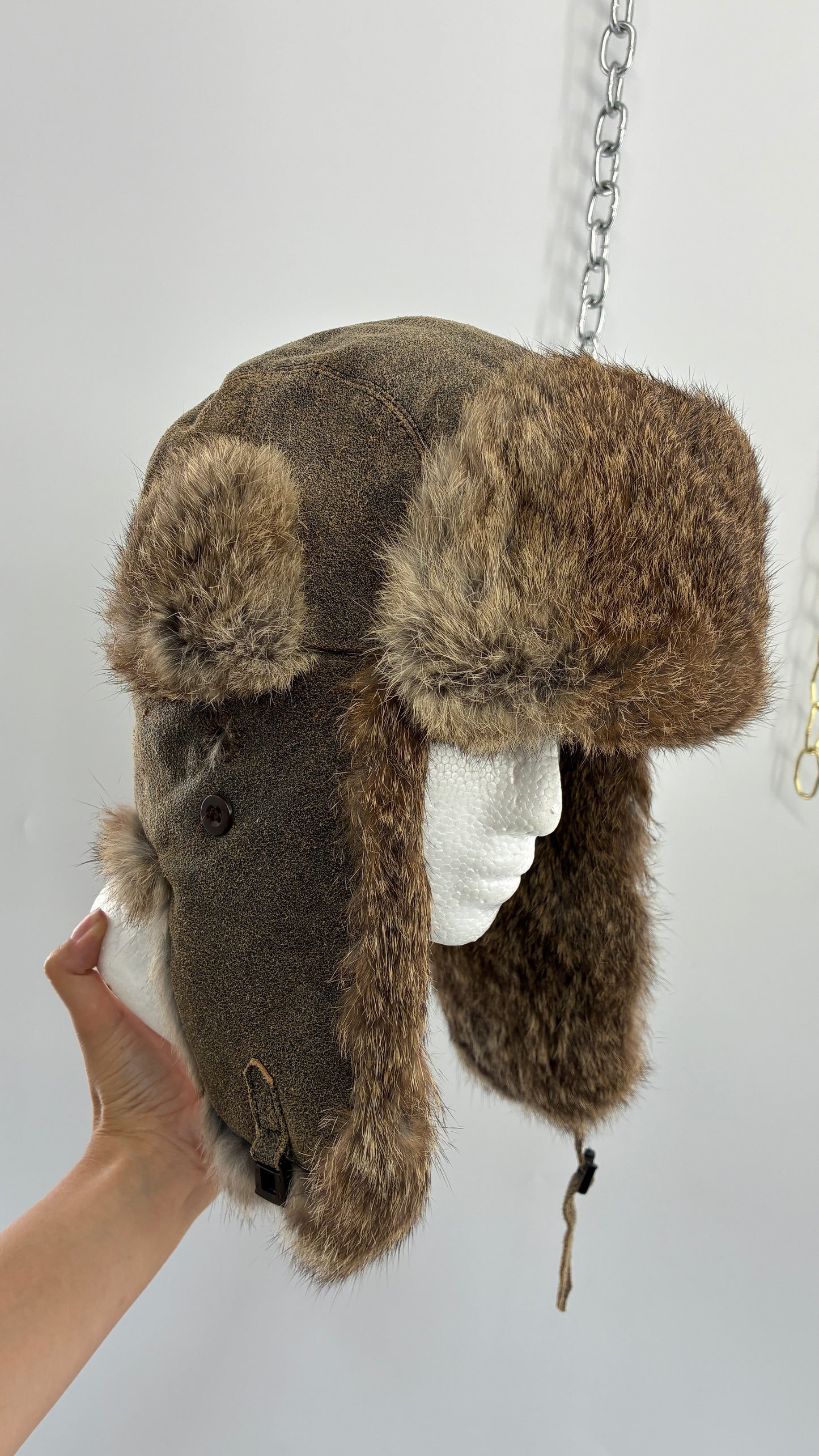 Vintage YUKON CHARLIE Genuine Leather Aviator Trapper Hat with Rabbit Fur Lining
