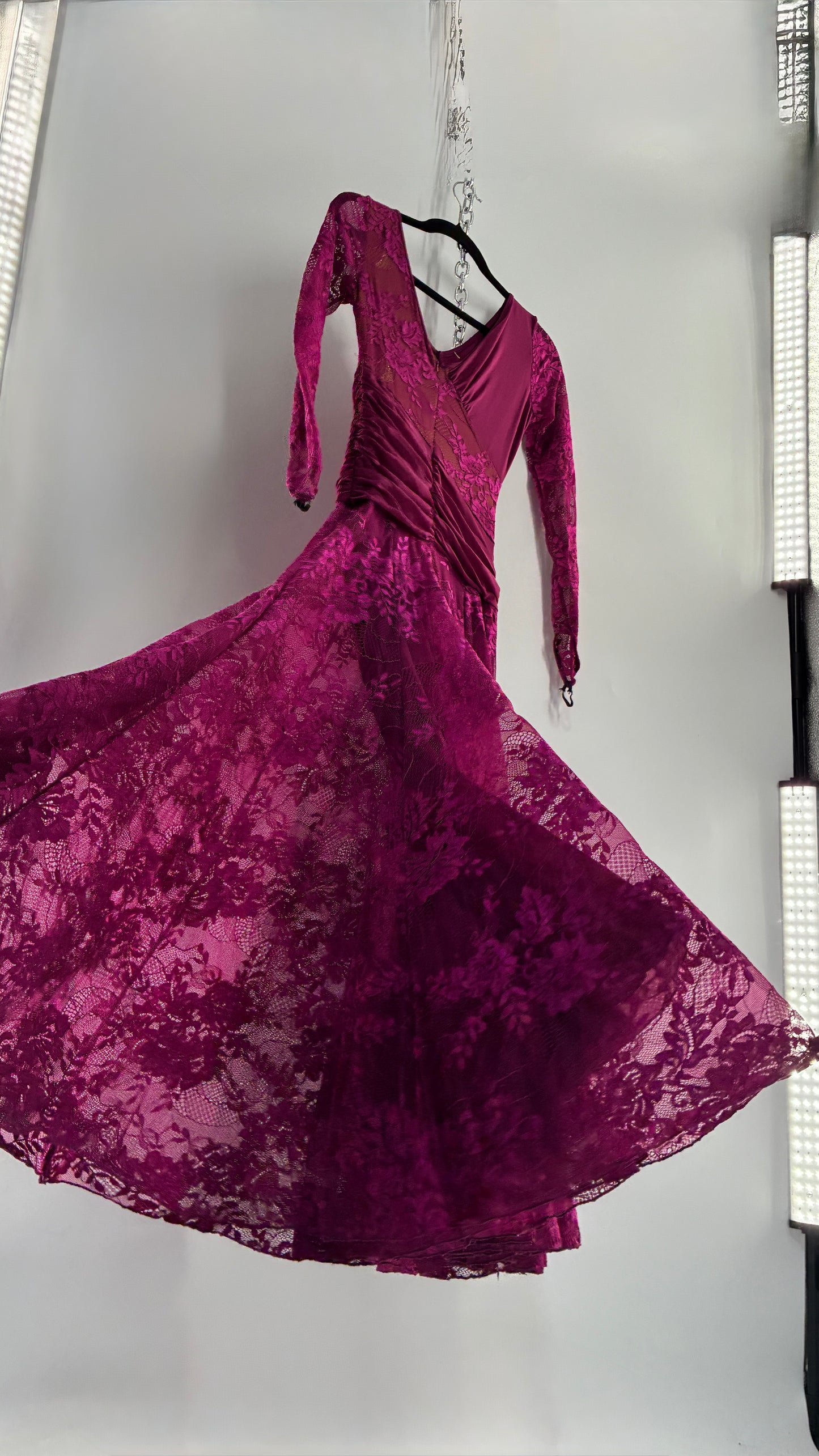 Vintage Fuchsia Flamenco, Lace and Mesh Paneled Gown with Gloved Hand Detail (Small)