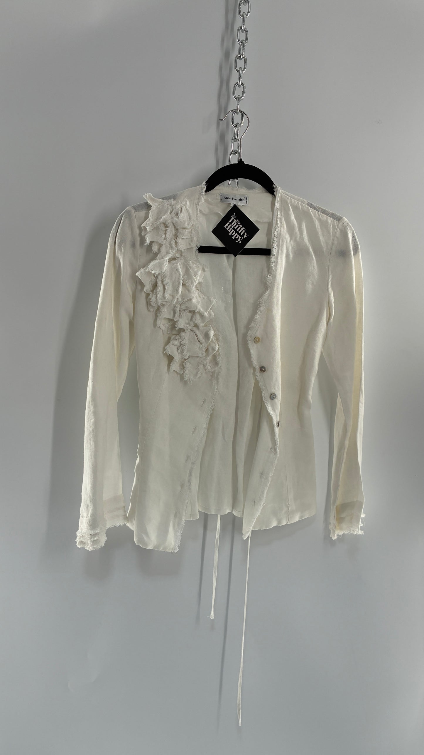 Vintage ANNE FONTAINE Off White Linen Woven Button Up Blouse with Back Corseting, Pearlescent Shell Buttons, and Rosette Details (36)