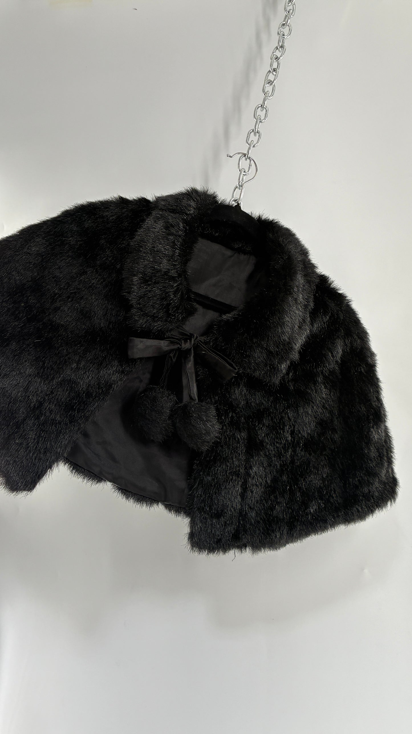 Vintage Black Faux Fur Bolero with Pom Poms (Small)