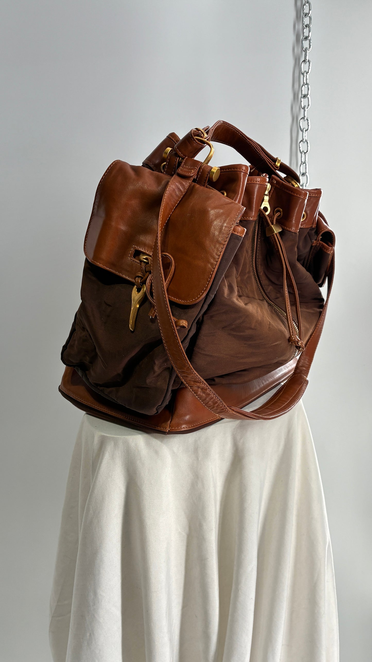 Vintage DONNA KARAN DKNY Oversized XL Brown Zip Front Bag with Leather Details