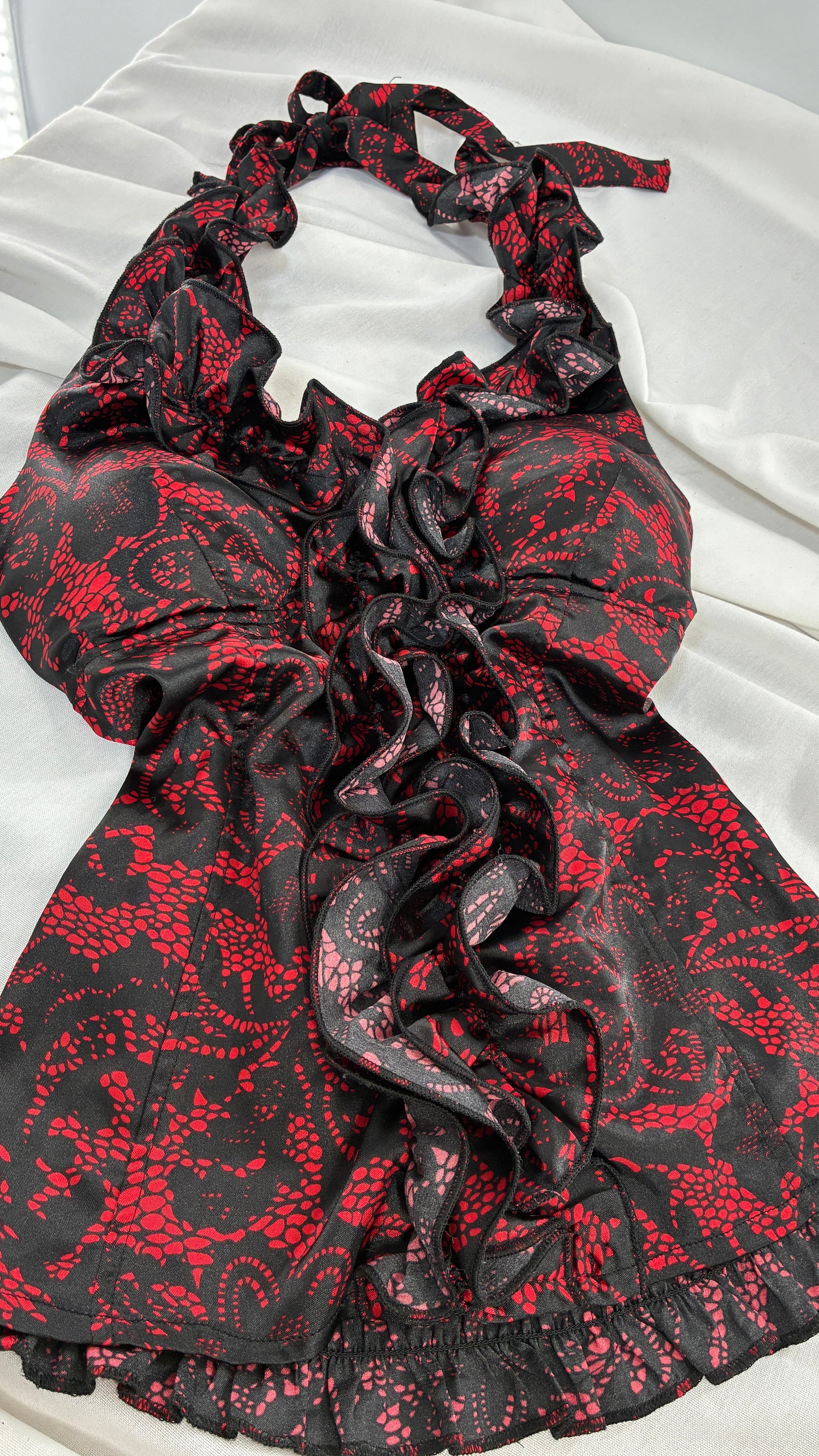 Vintage MYTH Red Black Lace Print Ruffle Halter with Padding (Medium)