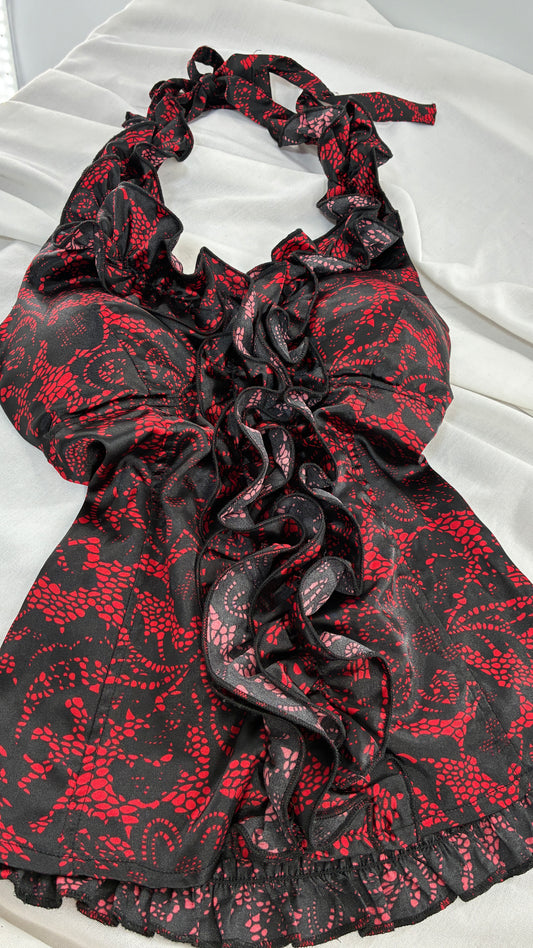 Vintage MYTH Red Black Lace Print Ruffle Halter with Padding (Medium)
