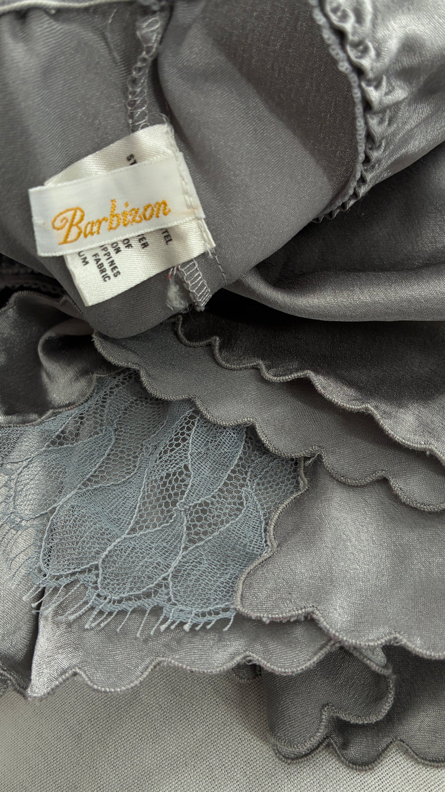 Vintage BARBIZON Silver Skirt with Lace Slits and Scalloped Hem (Medium)