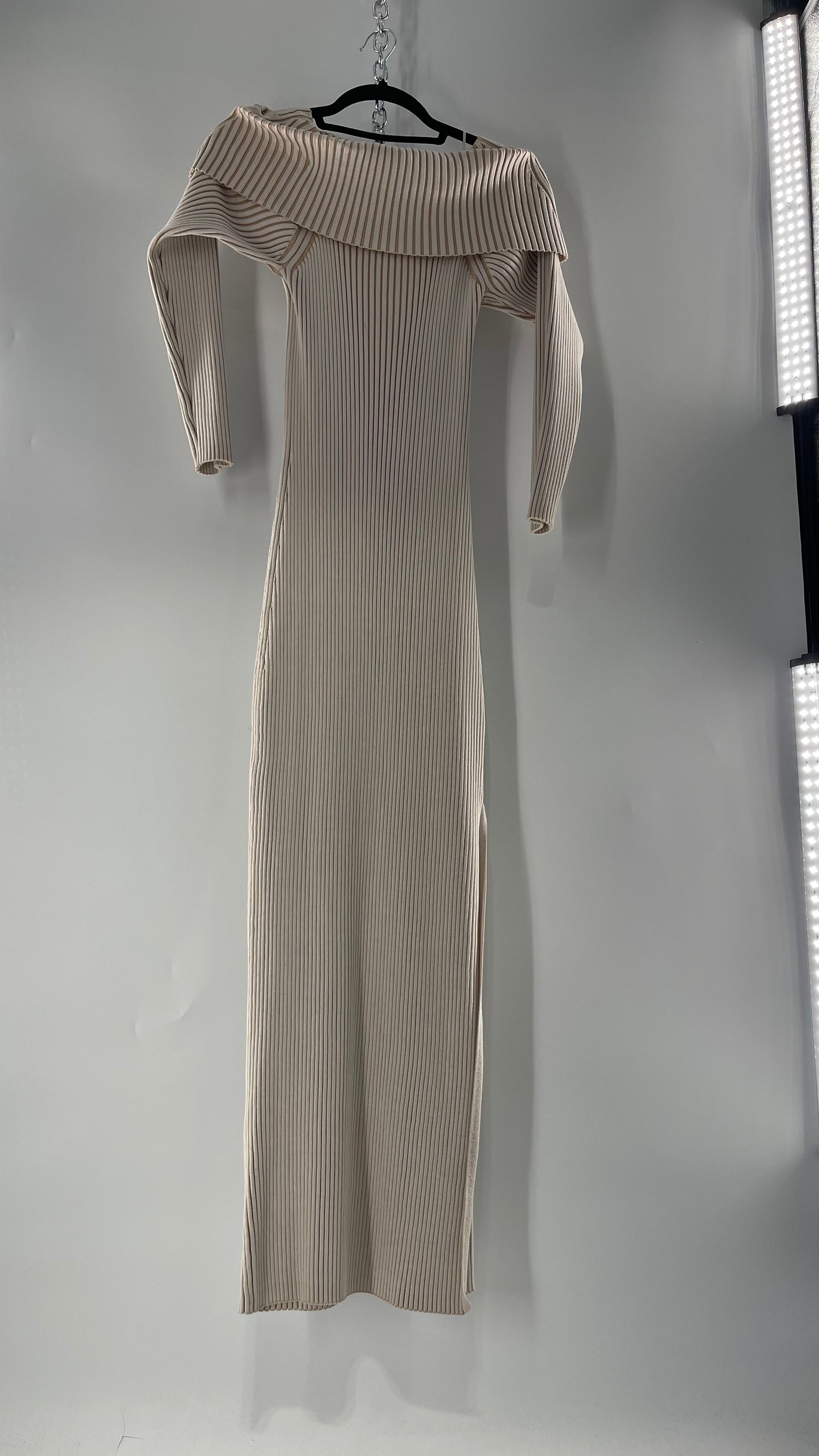 Anthropologie Beige Knit BodyCon Full Length Dress with Thick Off the Shoulder Band (Large)