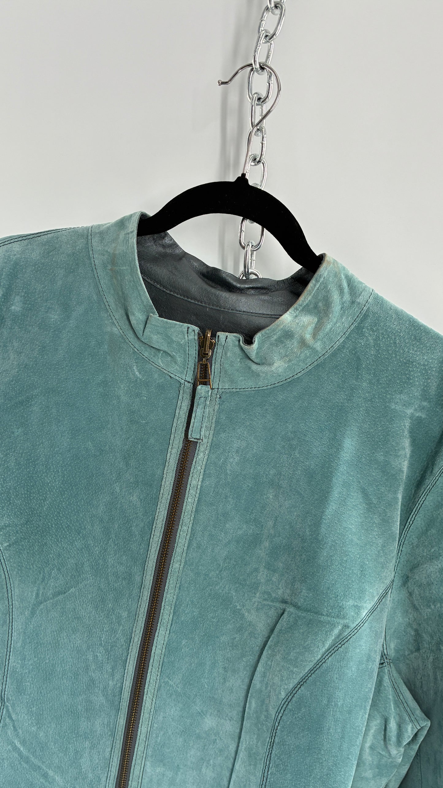 Vintage 1990s Metallic Blue Genuine Leather and Suede Reversible Thin, Zip Up Moto Jacket (XXL)