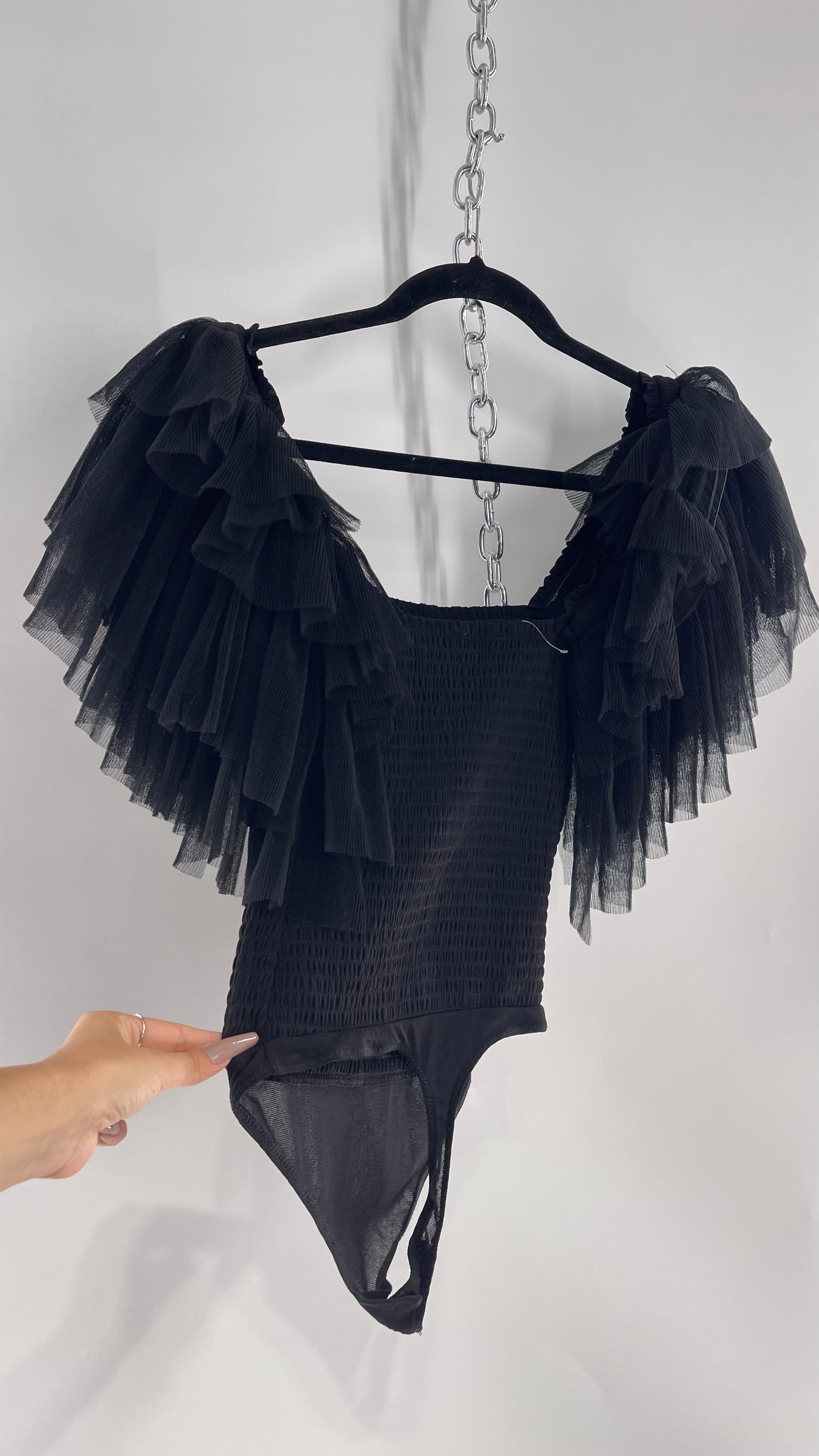 Free People Black Swan Tulle Sleeve Bodysuit (XS)