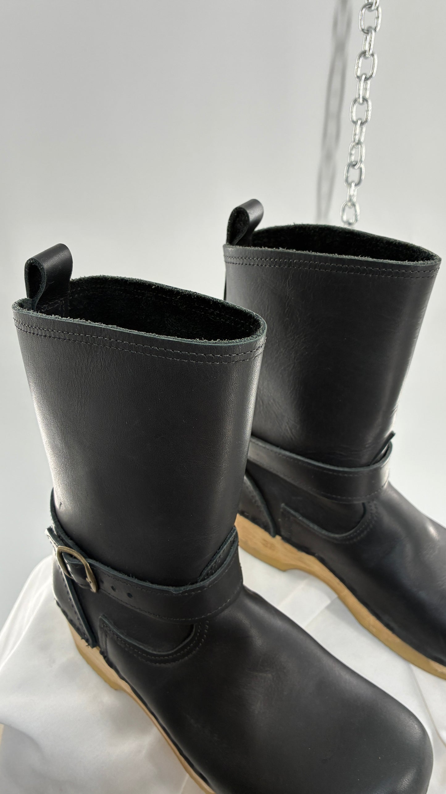 Vintage SVEN Swedish Thick Leather Black Clog Boots with Wooden Sole (38)