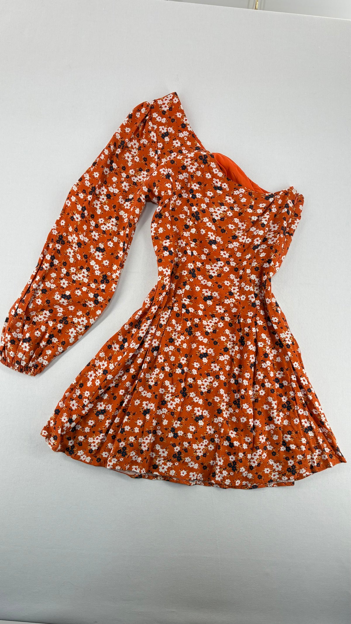 Free People Orange Asymmetric Single Sleeve Flared Out Fall Florals Dress (0)