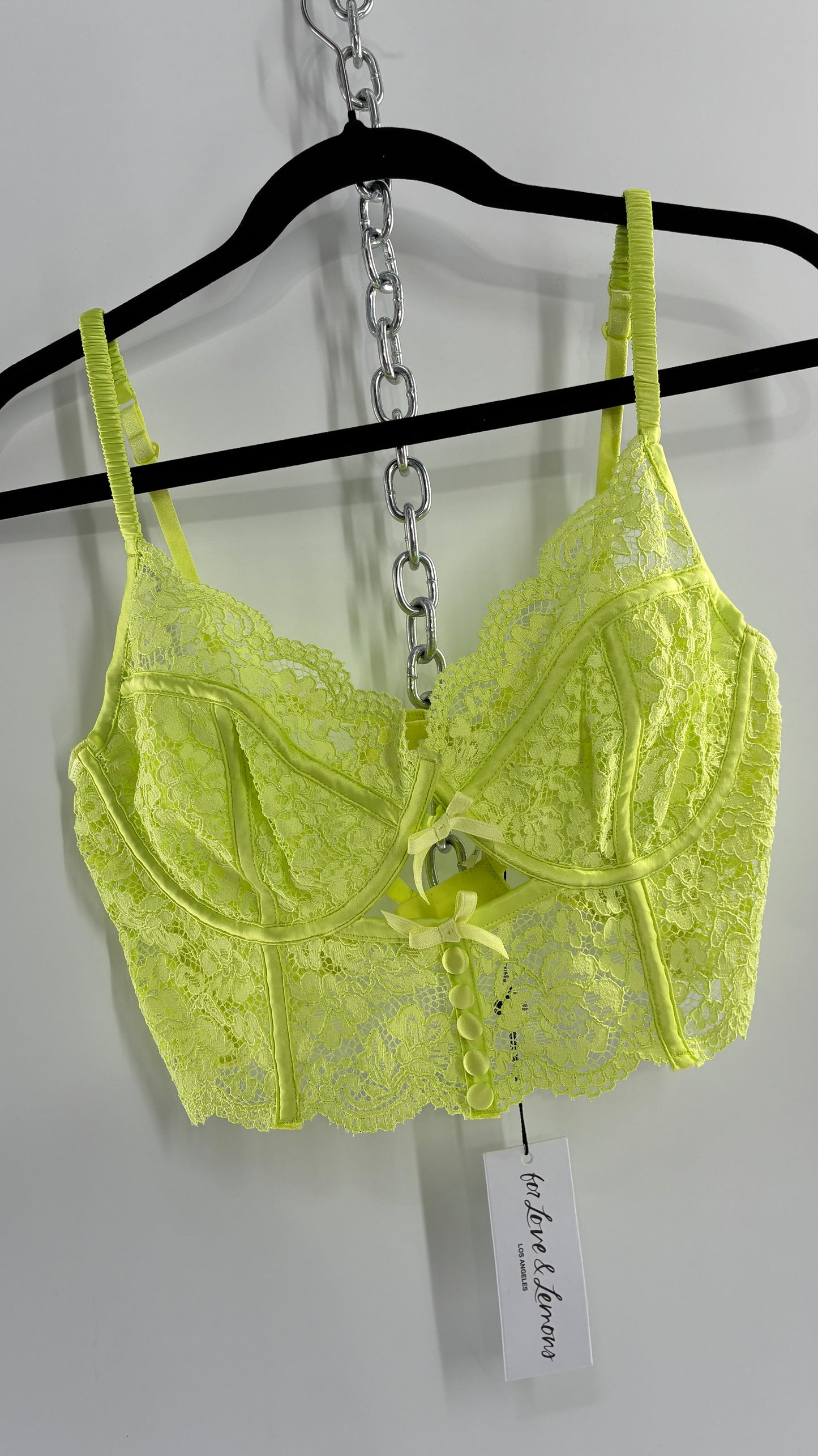 For Love & Lemons Lime Green Corseted Lace Bralette with Strappy Back and Tags Attached (38C)