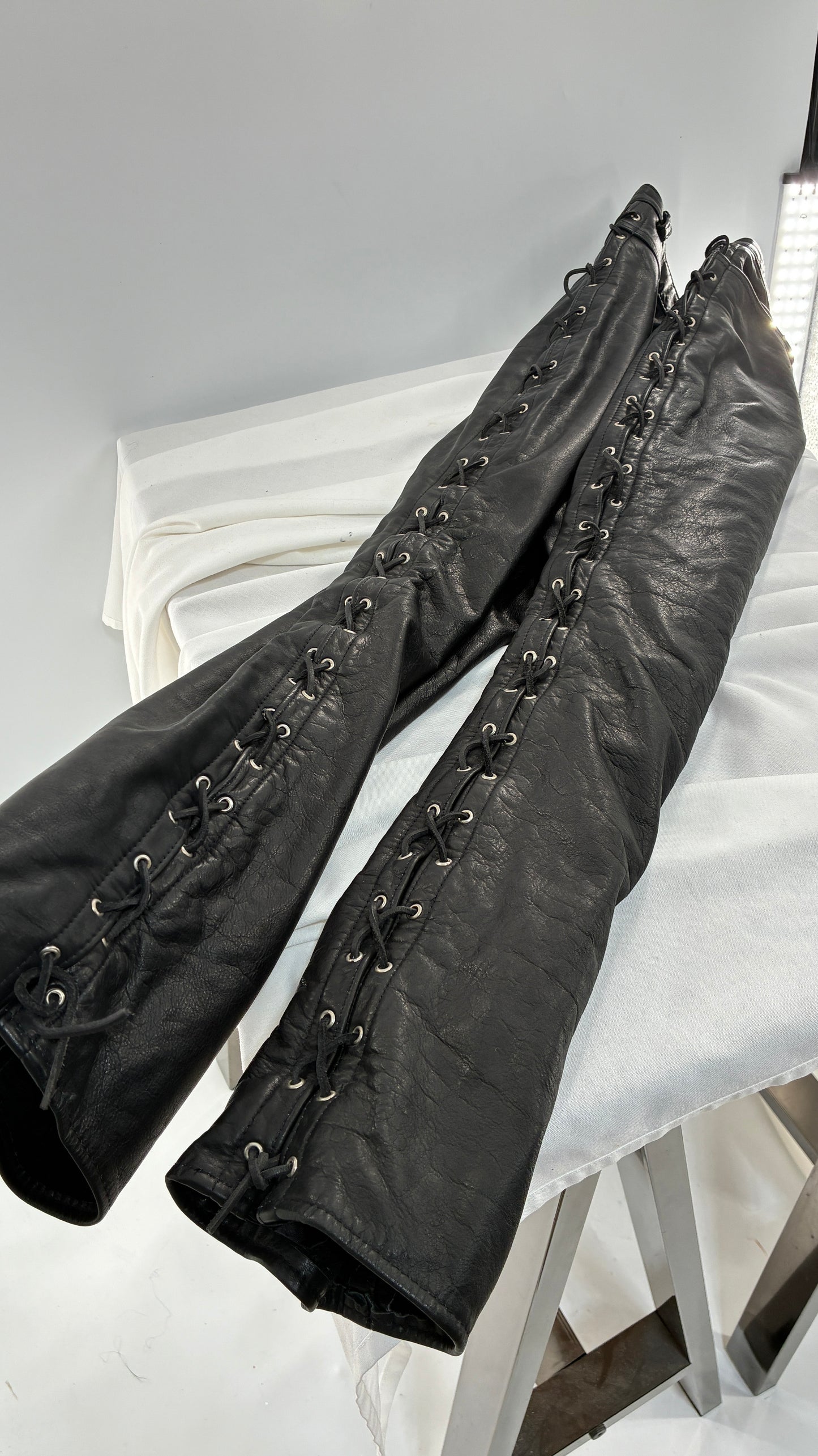Vintage Thick Ultra Soft Black Leather Pants with Tie Up Sides (Medium)
