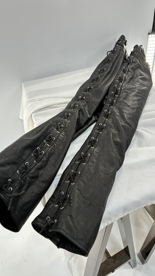 Vintage Thick Ultra Soft Black Leather Pants with Tie Up Sides (Medium)