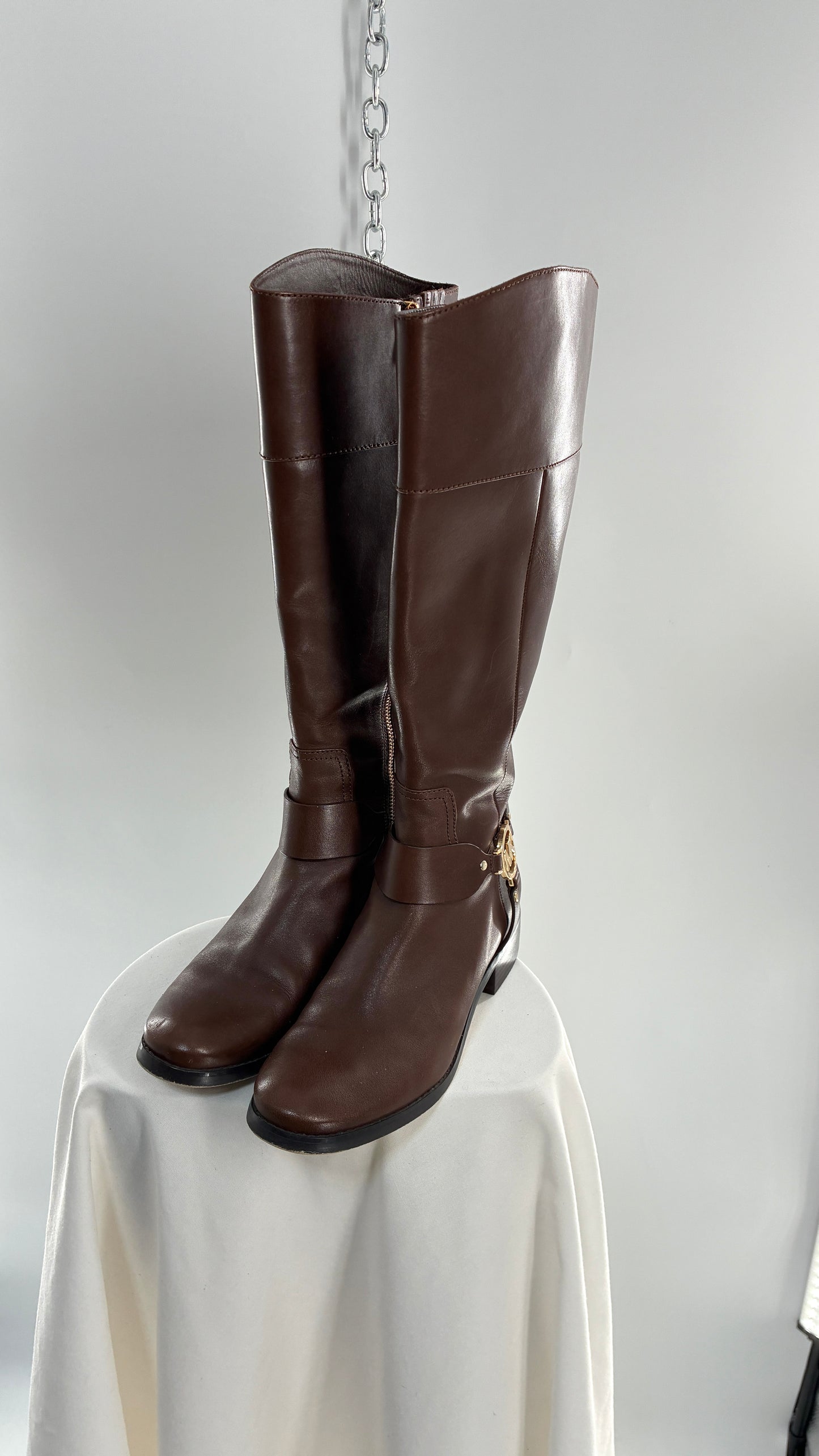 Vintage MICHAEL KORS Knee High Brown Genuine Leather Moto Boot with Gold Detailing (9)