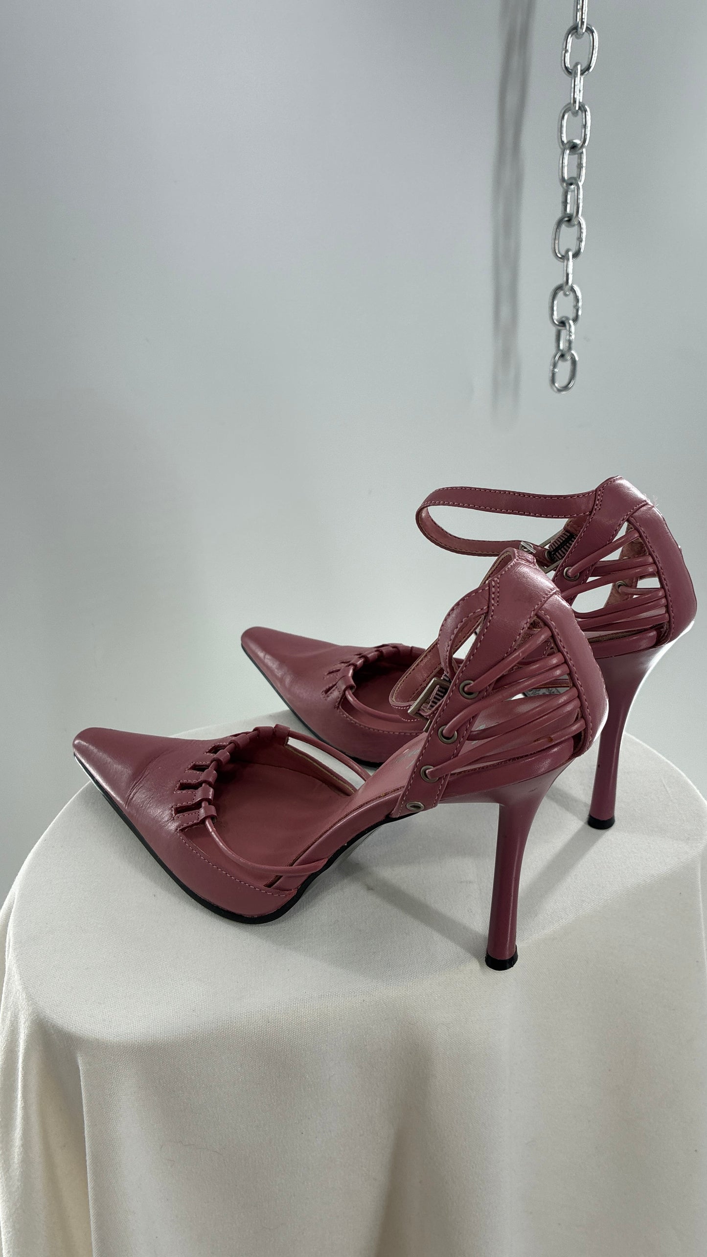 Vintage WILD PAIR Pink Pointed Toe Heels with Strappy Grommet Details (6.5)
