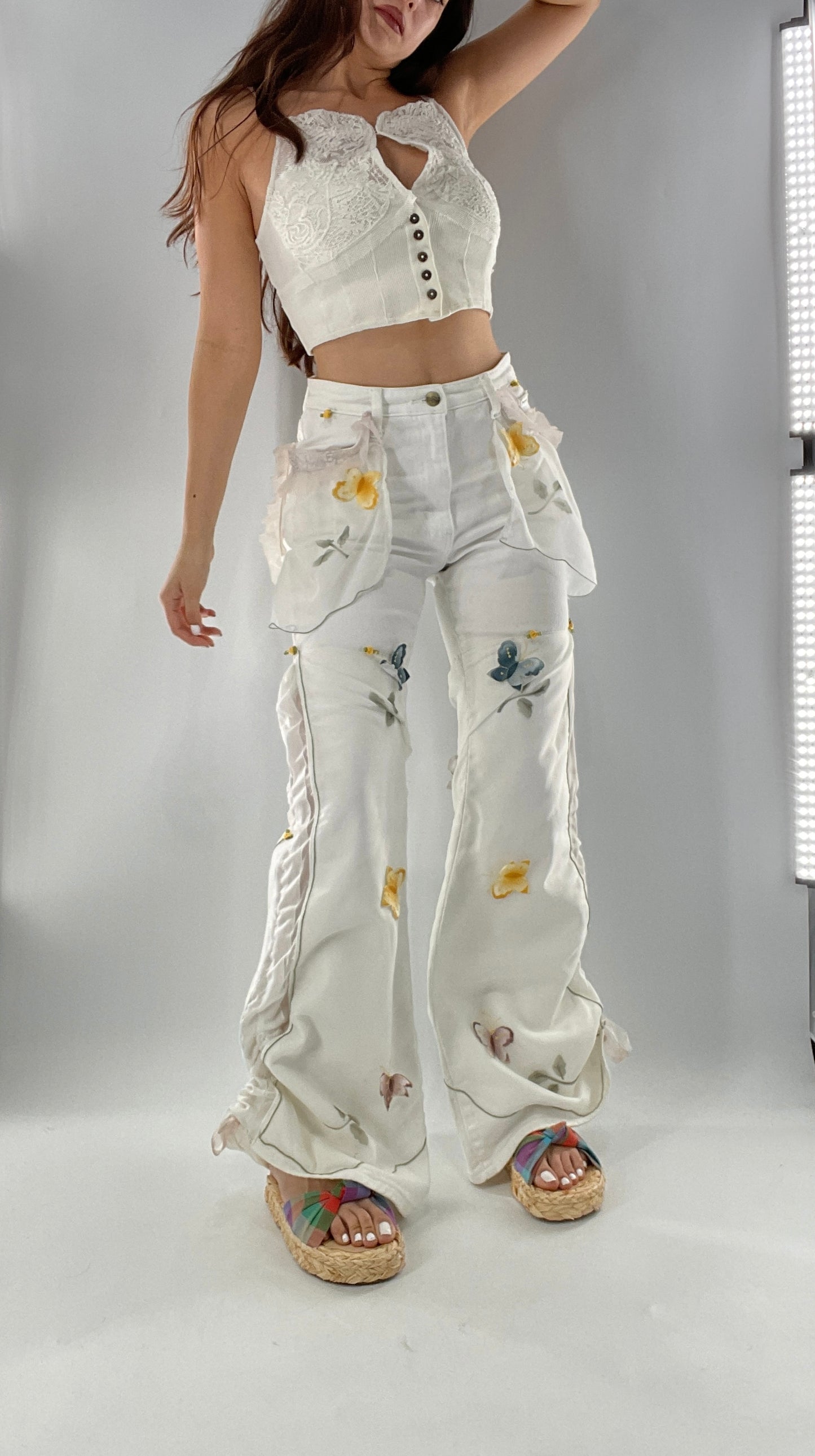 Remade Upcycled Lee White Jeans with Drawstring Adjustable Length, Lace Trim Pockets, Embroidery and Appliqué Details (27)