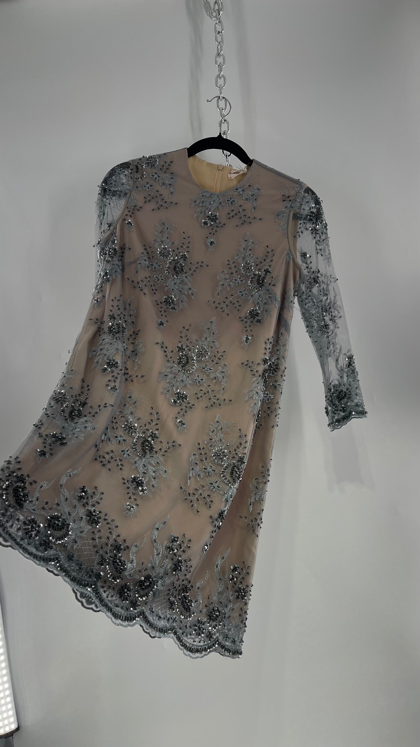 Koravilas Anthropologie Grey Mesh Embroidered Lace Long Sleeve Beaded Dress (4)