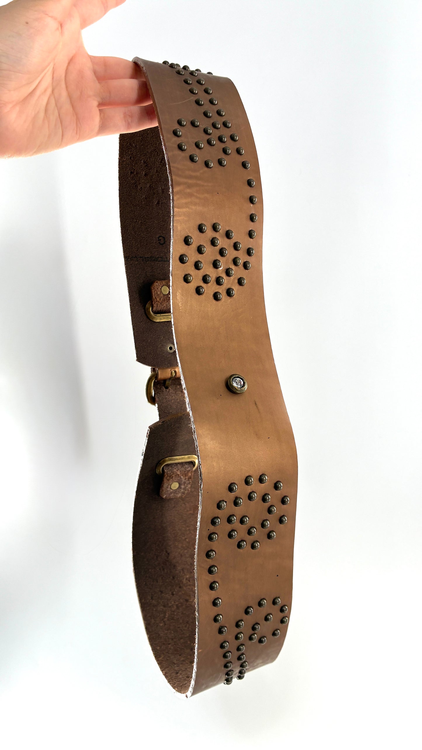 Vintage MADEMOISELLE Bronze Leather Thick Belt with Studded Rhinestone Details (L)