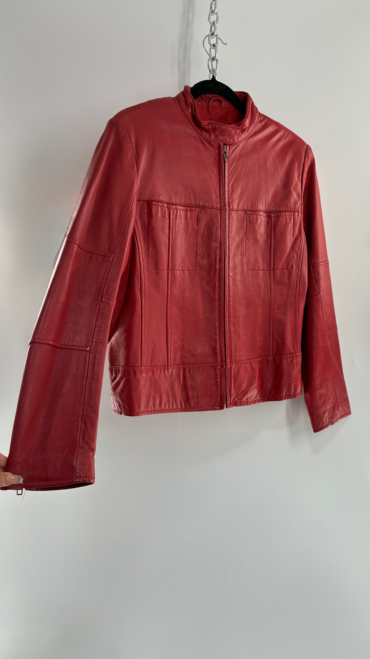 KATHY IRELAND Lamb Leather Red Motorcycle Neck Strap Jacket (Medium)