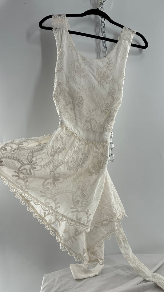 Forever That Girl Anthropologie White Apron Style Blouse with Low Open Back, Tie Detail, and Tags Attached (6)