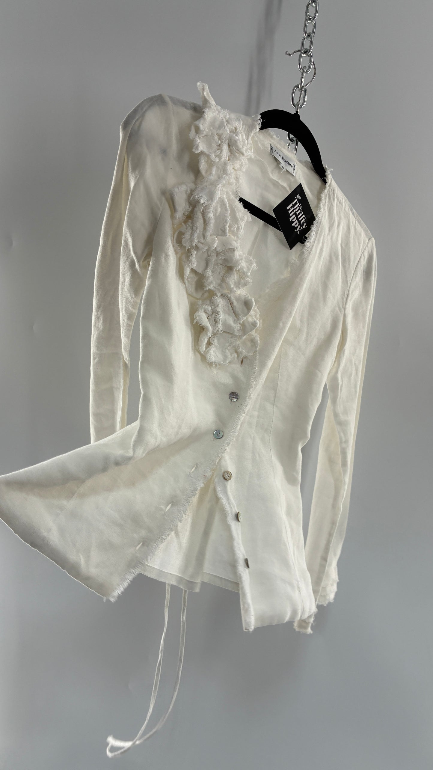 Vintage ANNE FONTAINE Off White Linen Woven Button Up Blouse with Back Corseting, Pearlescent Shell Buttons, and Rosette Details (36)