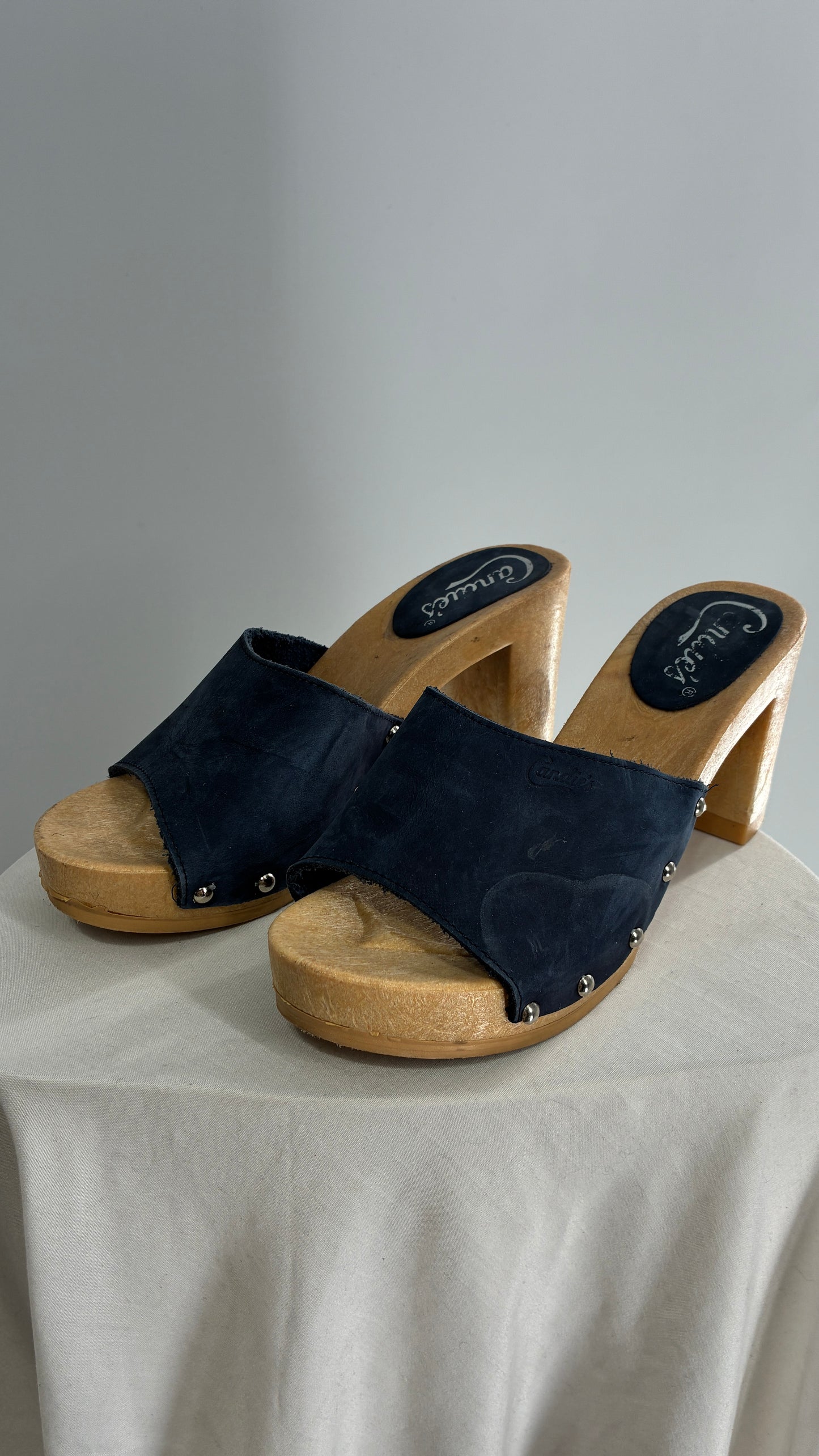 Vintage Candies 1980s Navy Blue HOT Side Studded High Heel Slides (8)