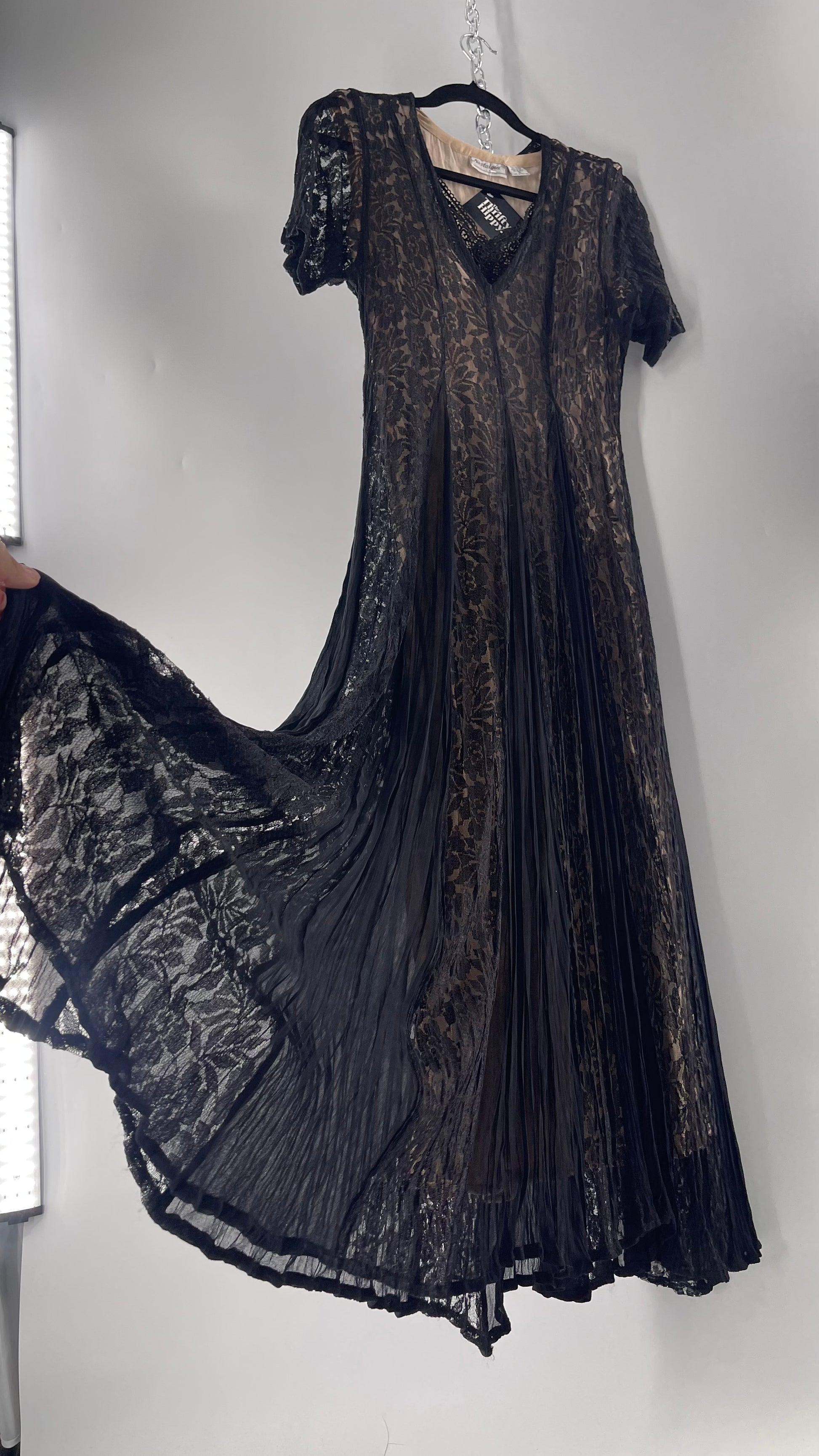 Nostalgia Vintage Black Lace Gown with Pleated Vents and Beige Underla The Thrifty Hippy Nostalgia Vintage Black Lace Gown with Pleated Vents and Beige Underla The Thrifty Hippy