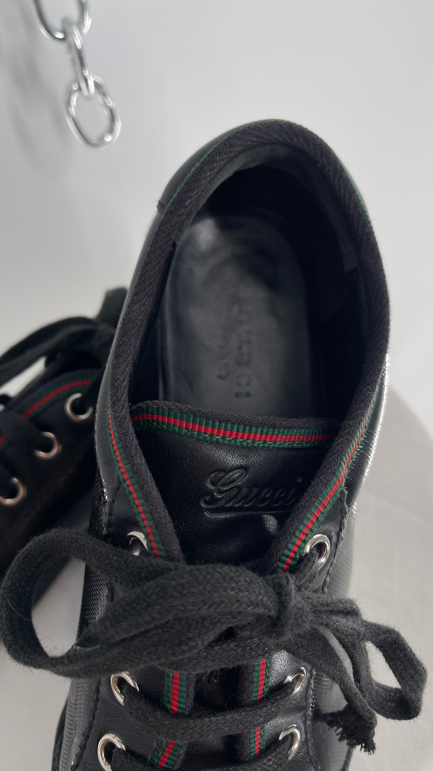 Vintage GUCCI Worn Black Leather Monogram Low Top Sneakers with Red/Green Iconic Trim (37)