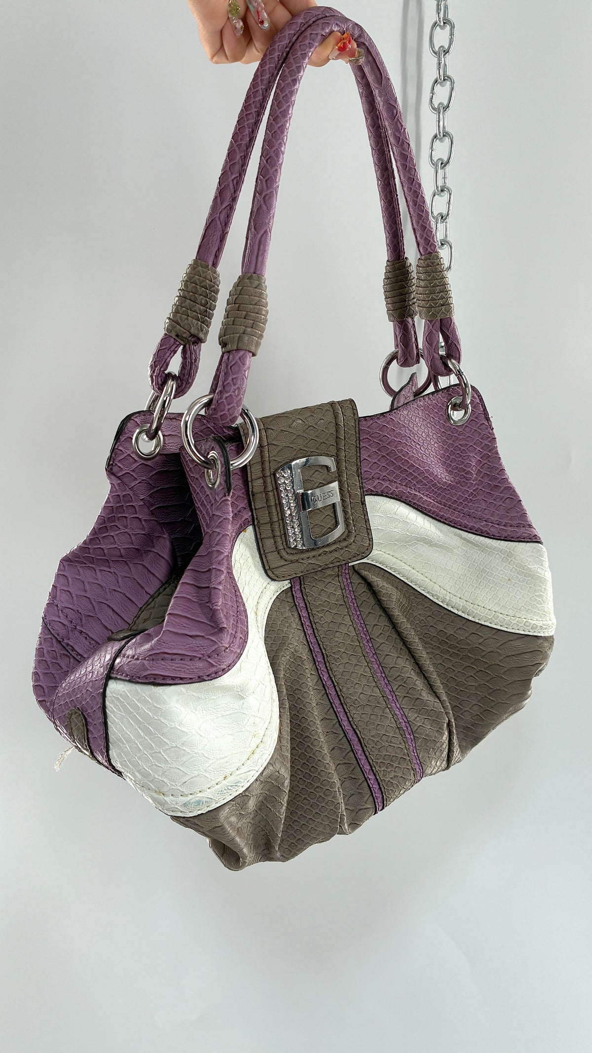 Vintage GUESS Snake Embossed Purple Purse with Oversized Logo Hardware