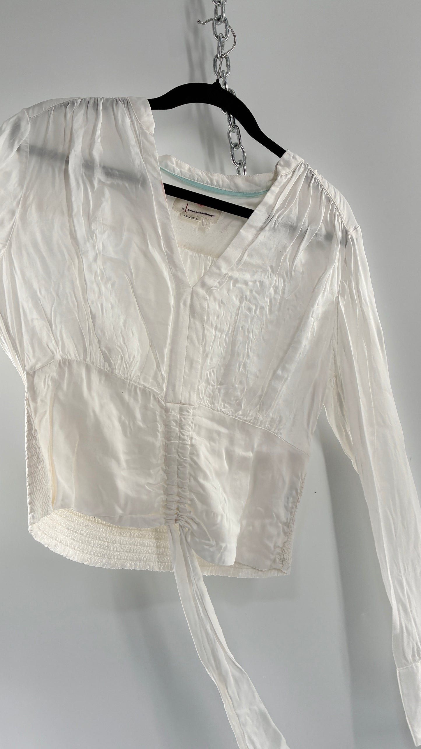 ANTHROPOLOGIE 100% Viscose White Silky Ruche Waist Blouse (Large)